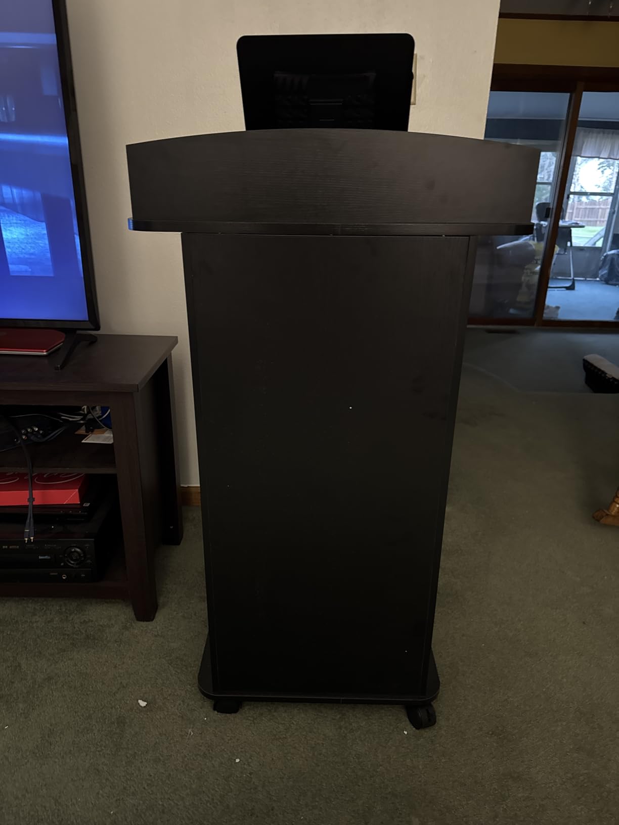 Podium Stand with Metal Wheels Wooden Lectern Podium Stand Portable Pulpit Standing with Storage Mobile Reception Podiums Desk for Church Office School Conference Restaurant Meeting, Black customer photo 2