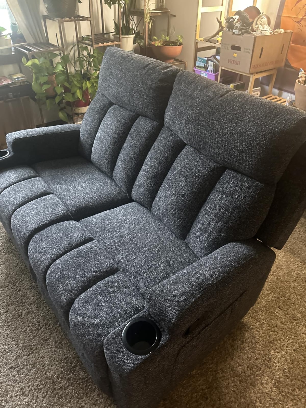 CANMOV Manual Loveseat Recliner, Soft Fabric 2-Seater Loveseat with Side Pocket & Cup Holders, Comfy Home Theater Sofa for Office & Living Room, Dark Grey customer photo 1