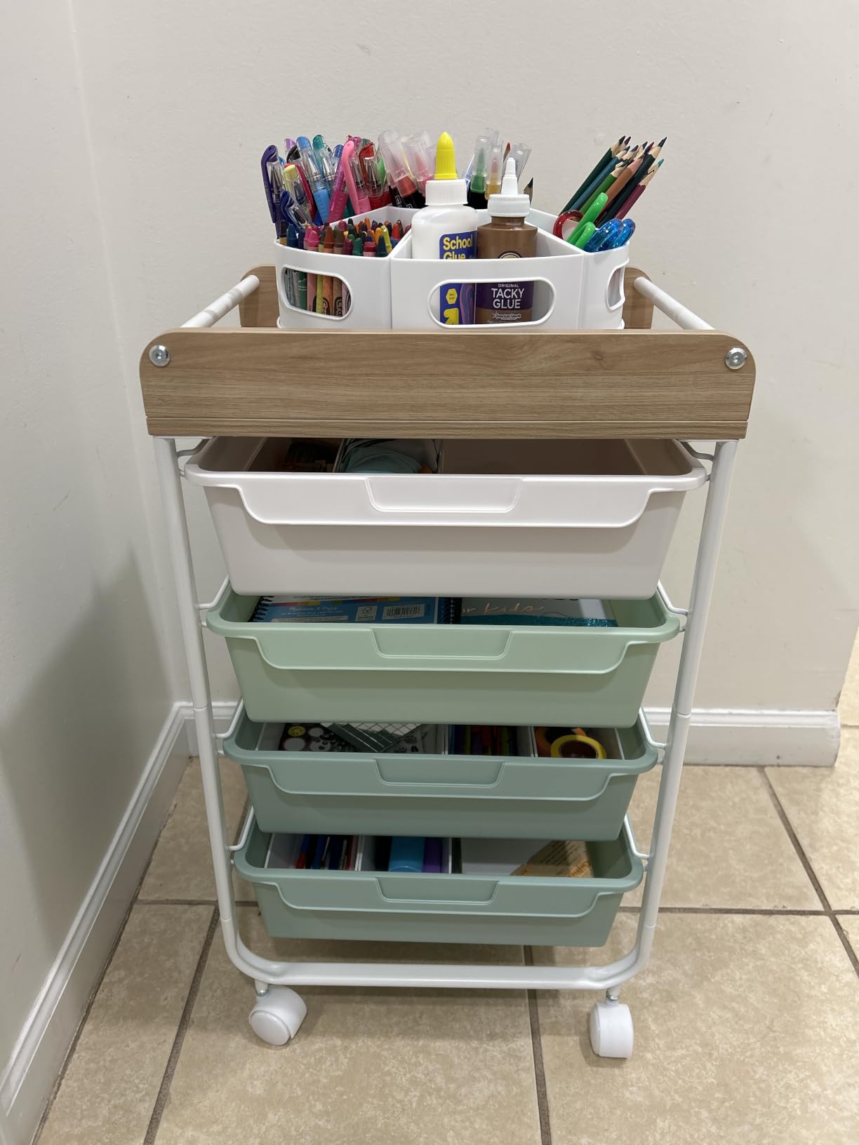 SYKIARIOL Rolling Storage Utility Cart with 4 Drawers, Art Cart, White | Kids Craft Cart, Makeup Organizer and Storage with Wooden Tabletop customer photo 1