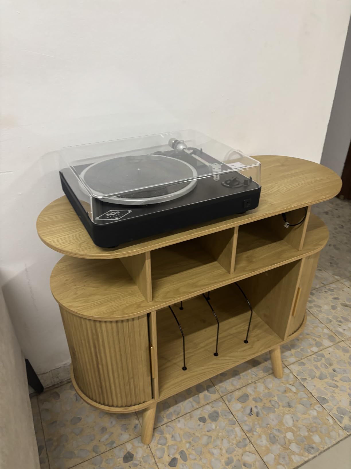 PRAISUN 47.2 Inch Large Record Player Stand with Power Outlets & 3-Color Lights, Vinyl Record Stand with 2 Fluted Cabinets, USB-C Port, Mid Century Modern Player Stand, Open Storage, Walnut customer photo 1