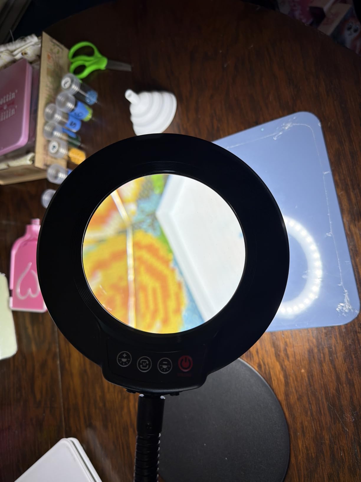 10X Magnifying Glass with Light and Stand, 16.5in Flexible Goose-Neck, 5 Color Modes Stepless Dimmable LED Lighted Desk Lamp, Hands Free Magnifier for Crafting Hobby Painting Close Work - Black customer photo 2