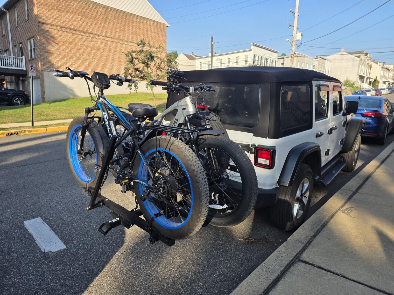 Hitch Ebike Rack with Ramp, 200 LBS Capacity for 2 E-Bikes | Pin-Free Tilt Fold Design, Easy Loading Ramp, Dual Keyed Locks, 2