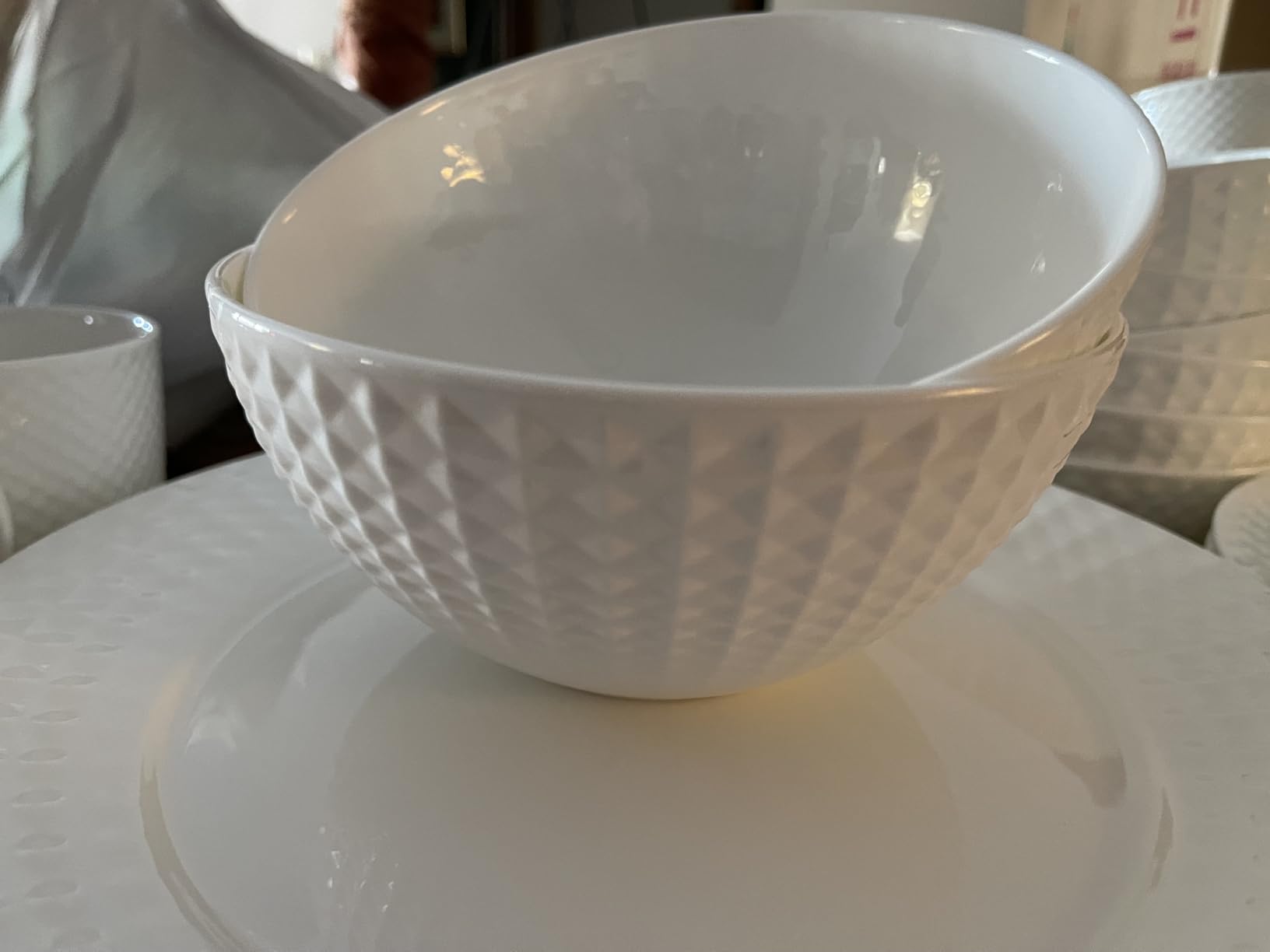 KINGSTONE 12Pcs Vintage Relief White Bone China Set, Service for 4 | Lightweight translucent plate & bowl set. Microwave & dishwasher safe. Ideal for home dining, festivals, parties, or gifting. customer photo 1