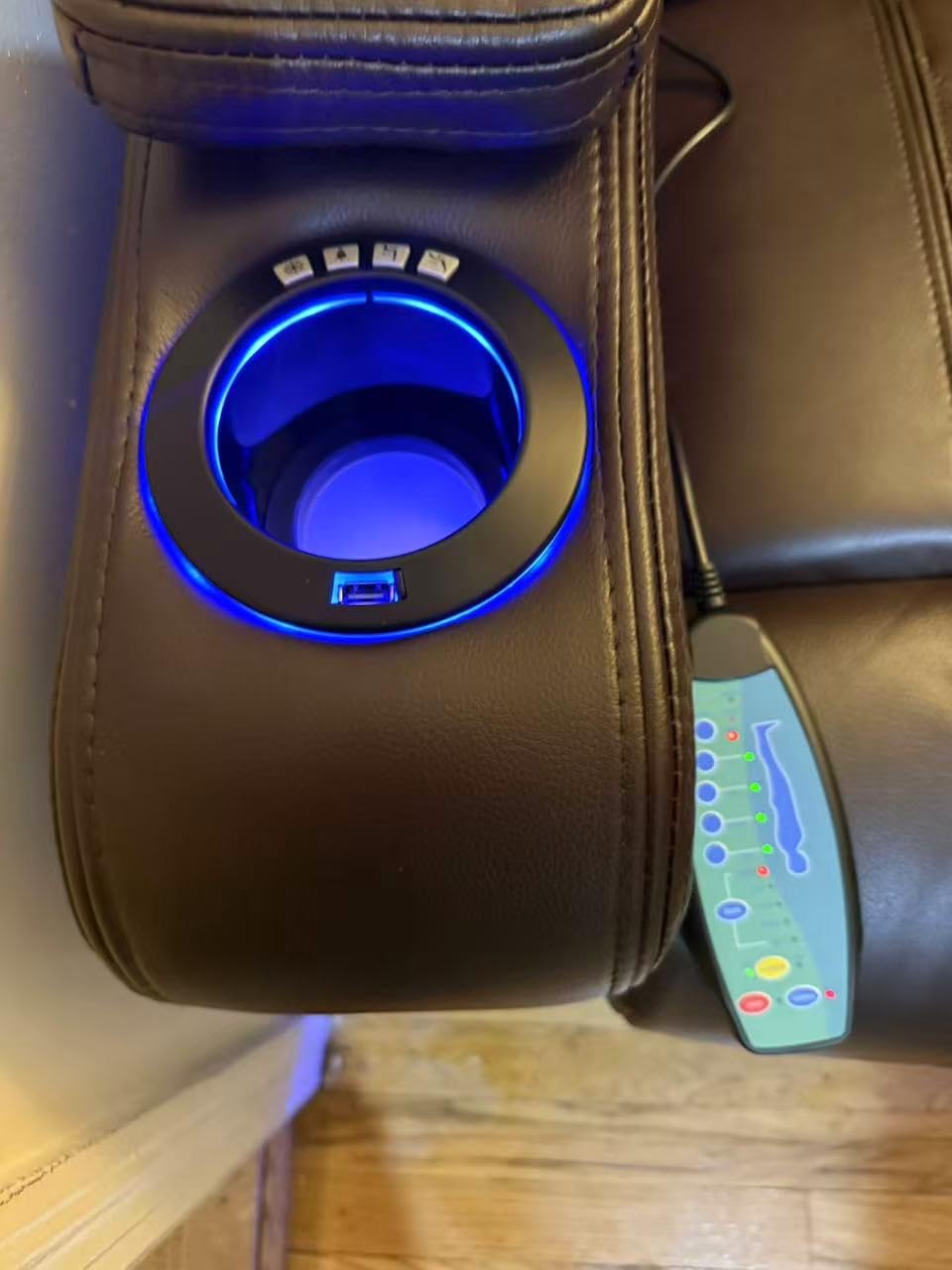 Power Recliner Home Theater Seating with Cooling Cup Holder and Massage Heating, Blue Color Ambient Lighting Recliner Chair, Movie Sofa with Tray Table, USB Charging & Manual Headrest, Brown customer photo 1