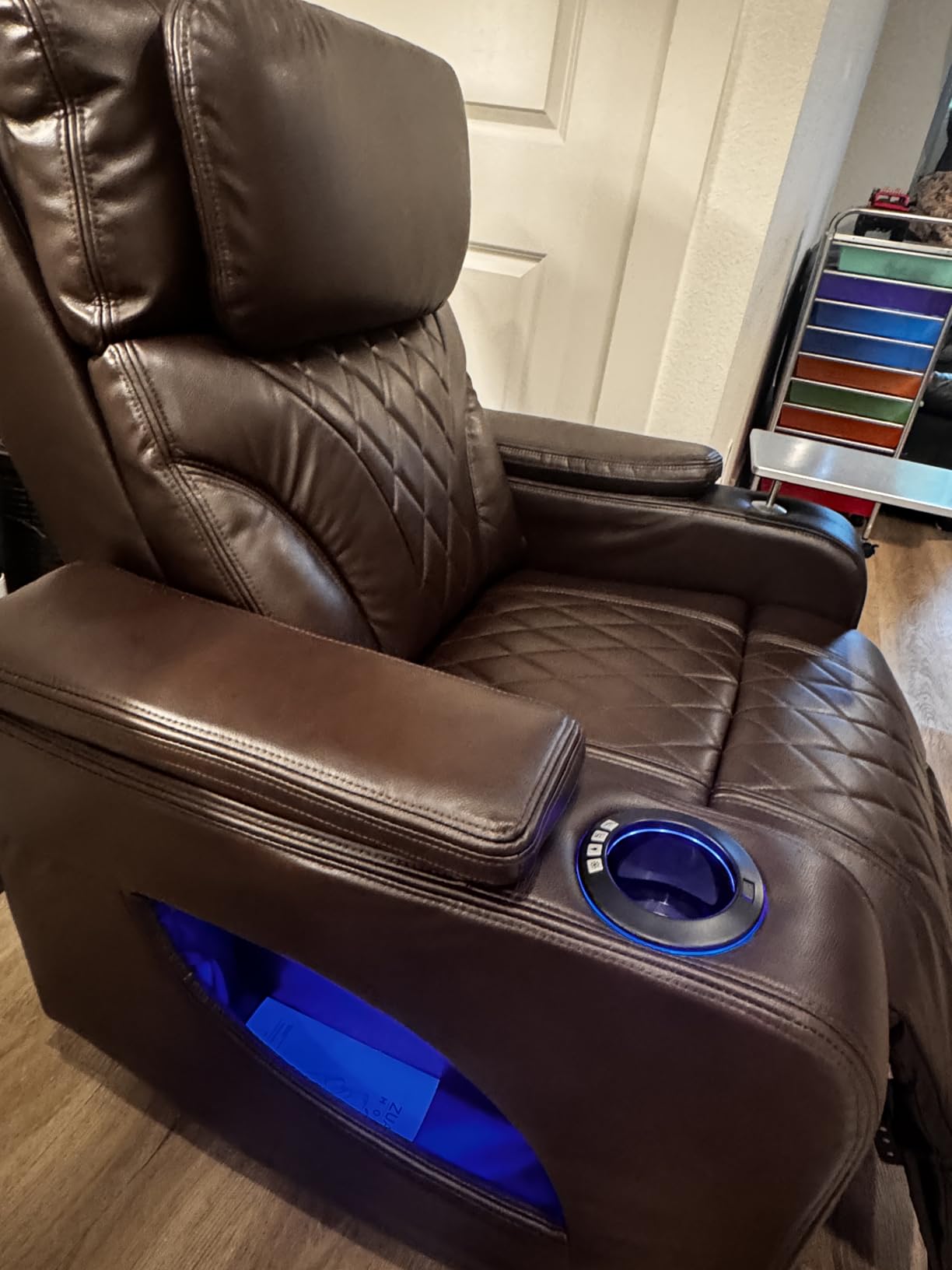 Power Recliner Home Theater Seating with Cooling Cup Holder and Massage Heating, Blue Color Ambient Lighting Recliner Chair, Movie Sofa with Tray Table, USB Charging & Manual Headrest, Brown customer photo 2