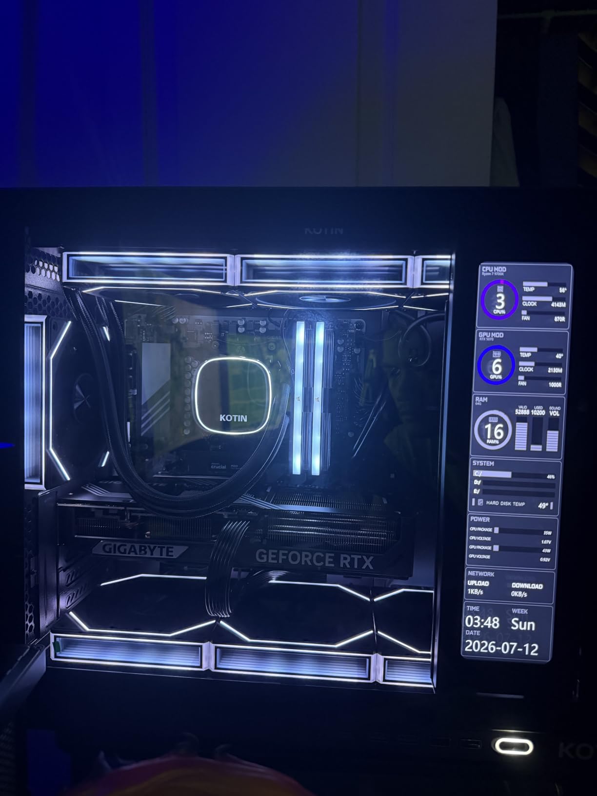 KOTIN Prebuilt Gaming PC RTX 5070 12GB, Ryzen 7 9700X, 32GB DDR5, 1TB SSD | 11.3in Smart Display, 850W 80+ Gold PSU, 360mm Liquid Cooler, WiFi 7, 1440p 4K ARGB Windows 11 Gaming Desktop Computer customer photo 2
