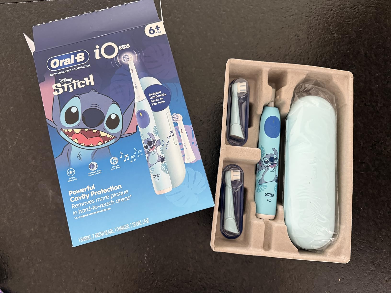 Oral-B iO Kids Limited Rechargeable Electric Powered Toothbrush, Stitch, Automatic Pressure Sensor, 3 Cleaning Settings, Music Timer, 28 Day Battery Life, Travel Case customer photo 2