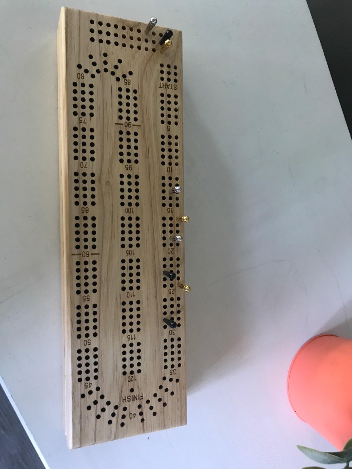 WE Games Wooden Cribbage Board Game Set, Continuous 3 Track for 2-3 Players, Travel Cribbage Board with Card Storage, Includes 9 Metal Pegs & Deck of Cards, Card Games, Classic Board Games for Adults customer photo 1