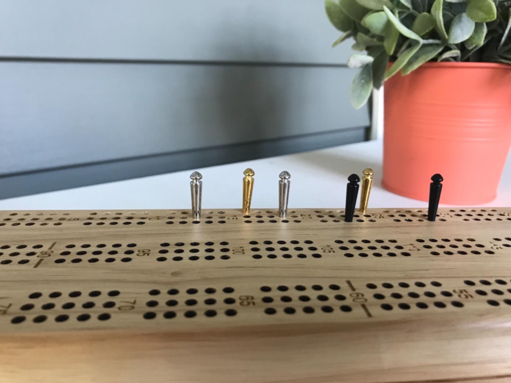 WE Games Wooden Cribbage Board Game Set, Continuous 3 Track for 2-3 Players, Travel Cribbage Board with Card Storage, Includes 9 Metal Pegs & Deck of Cards, Card Games, Classic Board Games for Adults customer photo 2