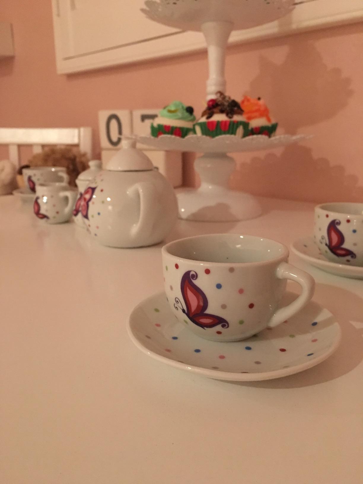 Alex Chasing Butterflies Ceramic Kids Tea Set, 13 Piece,Includes 4 teacups, 4 saucers, tea pot with lid, sugar bowl with lid and creamer customer photo 2