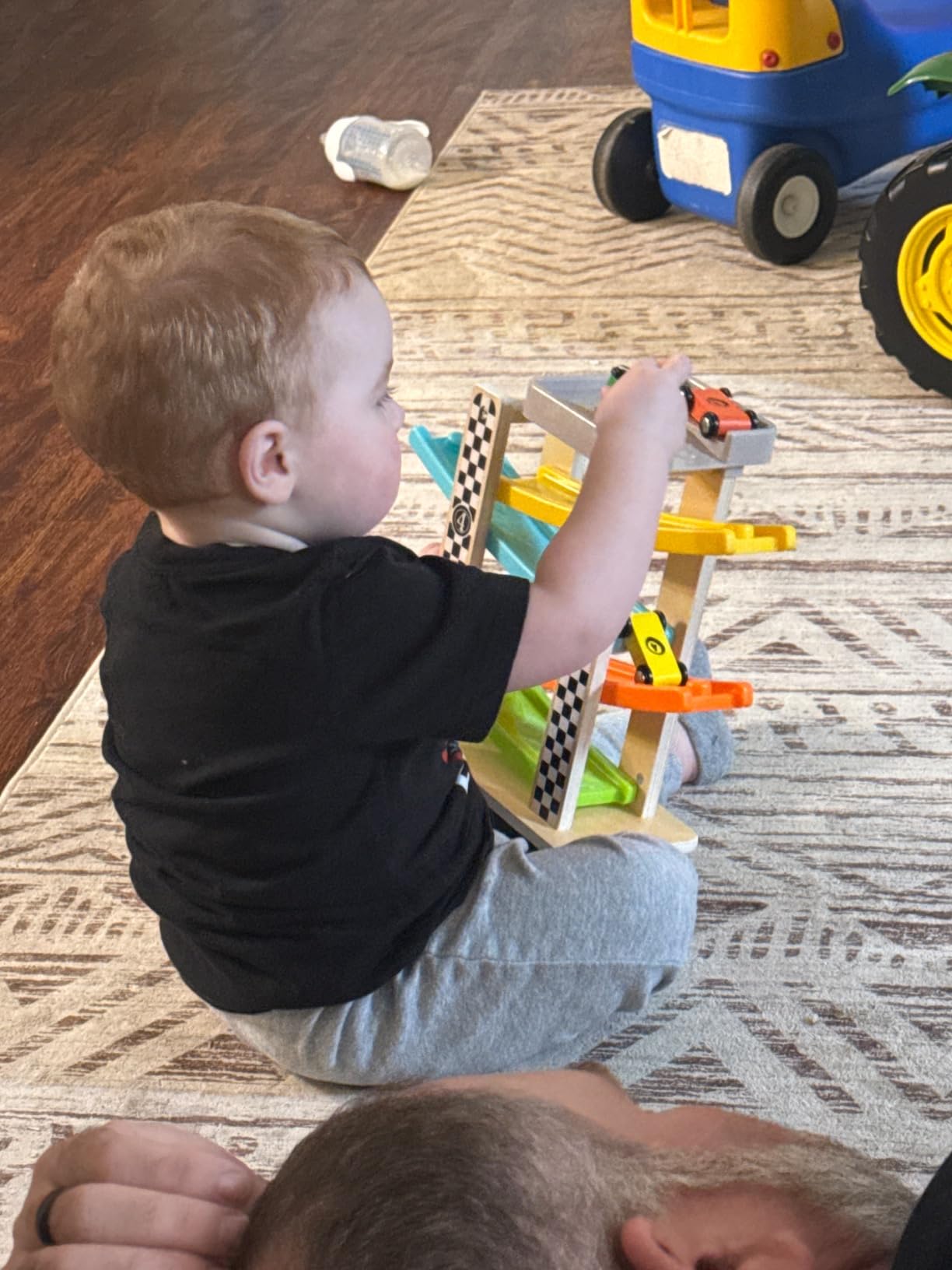 Toddler Toys for 1 2 Year Old Boy and Girl Gifts Wooden Race Track | Wooden ramp racer with 4 numbered mini cars and top parking; for indoor play, visual tracking, turn-taking, and repeat play customer photo 1