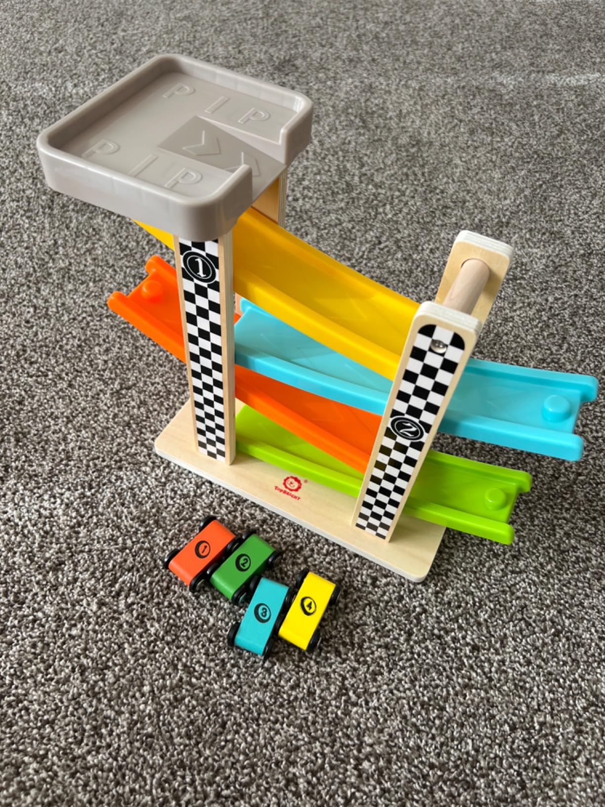 Toddler Toys for 1 2 Year Old Boy and Girl Gifts Wooden Race Track | Wooden ramp racer with 4 numbered mini cars and top parking; for indoor play, visual tracking, turn-taking, and repeat play customer photo 2
