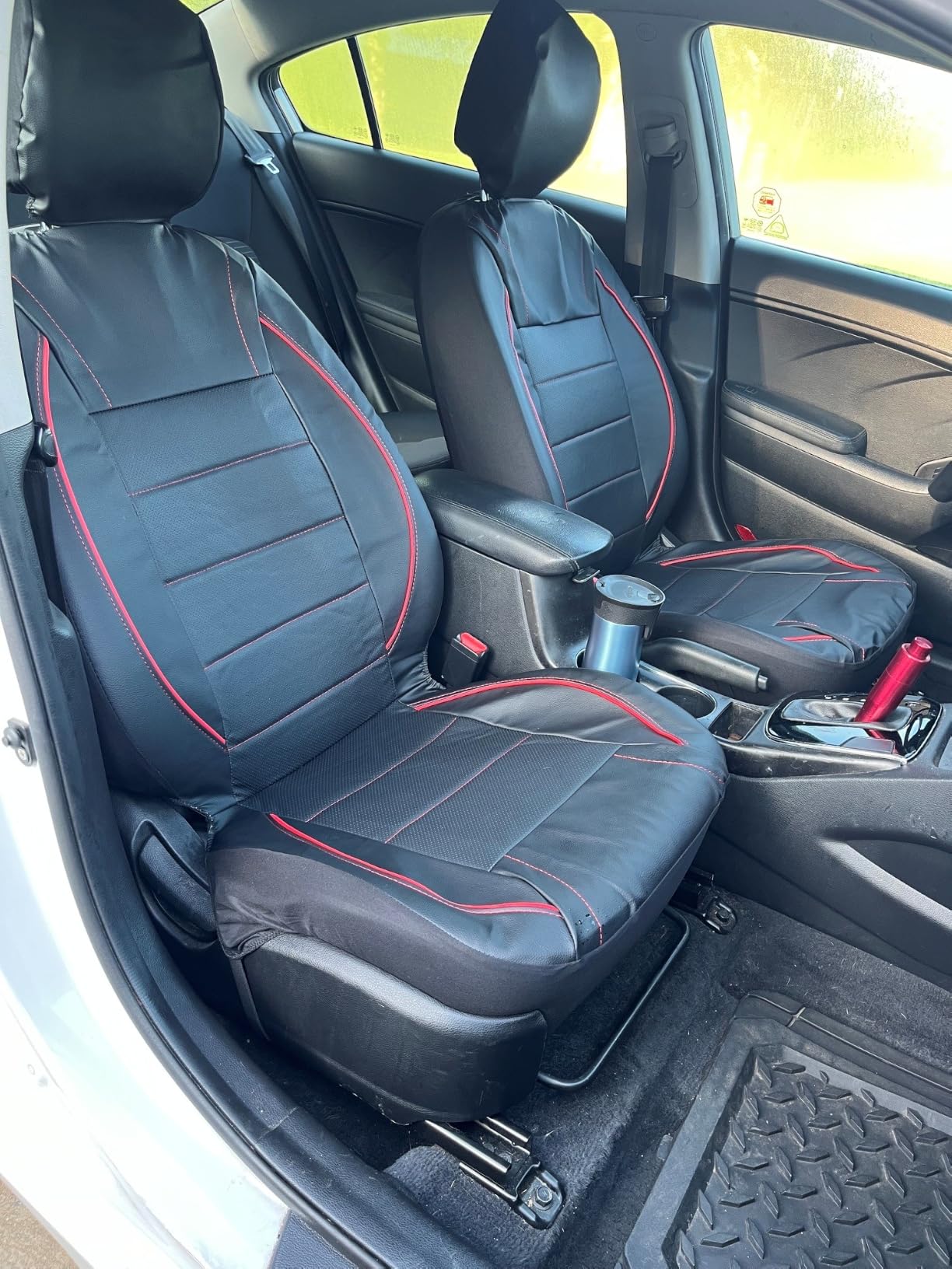 CAR PASS Universal FIT Piping Leather Two Front Seat Covers, Waterproof Faux Leather for SUV Sedan Van Truck, Airbag Compatible,Reserved Opening Holes for Headrest Covers. (Black and Blue) customer photo 2