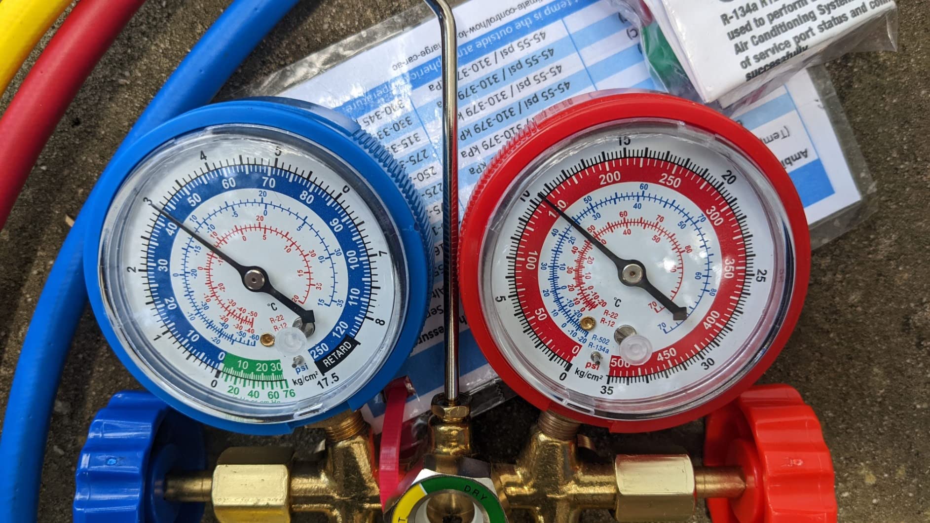 OMT 3-Way AC Manifold Gauge Set for R12 R134a R502 R22, 5 ft Hoses | Includes R134a Couplers Self-Sealing & Piercing Can Taps 29° Adapter; Solid Brass Build; Ideal for Auto Freon Recharge customer photo 1