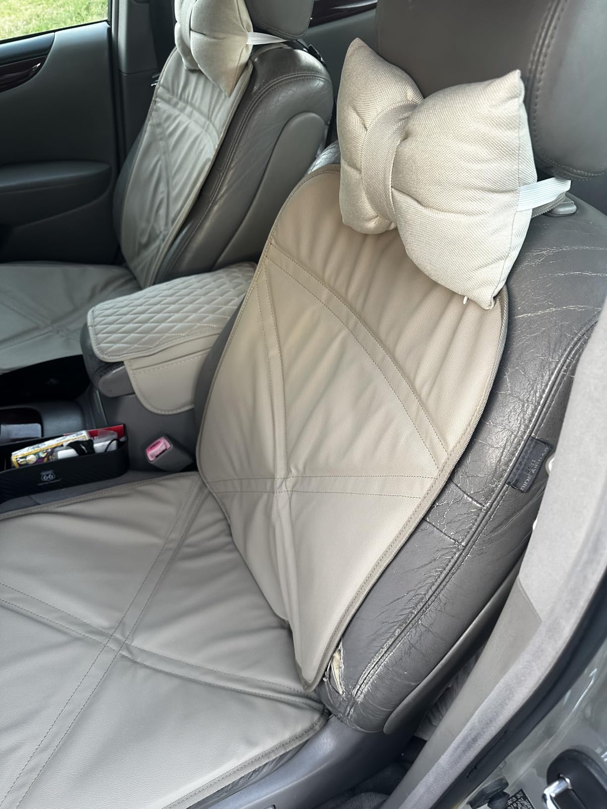 Viaviat Car Seat Protector Leather Waterproof Child Safety Seat Protector Cover with Thick Pad and 2 Large Pockets Durable Kick Mat for All Auto Seat (Beige) customer photo 2