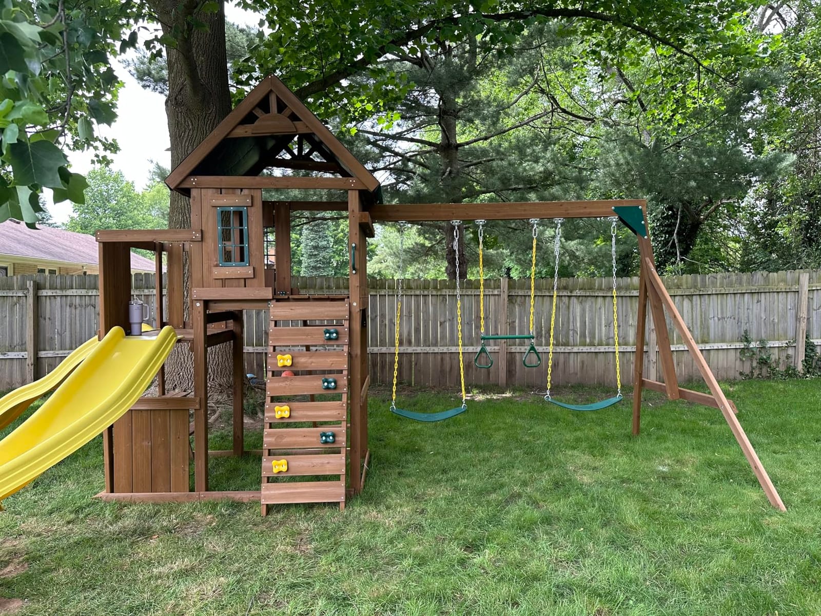 Swing-N-Slide WS 8355 Castlebrook Swing Set with Two Slides, Swings & Climbing Wall, Wood customer photo 1
