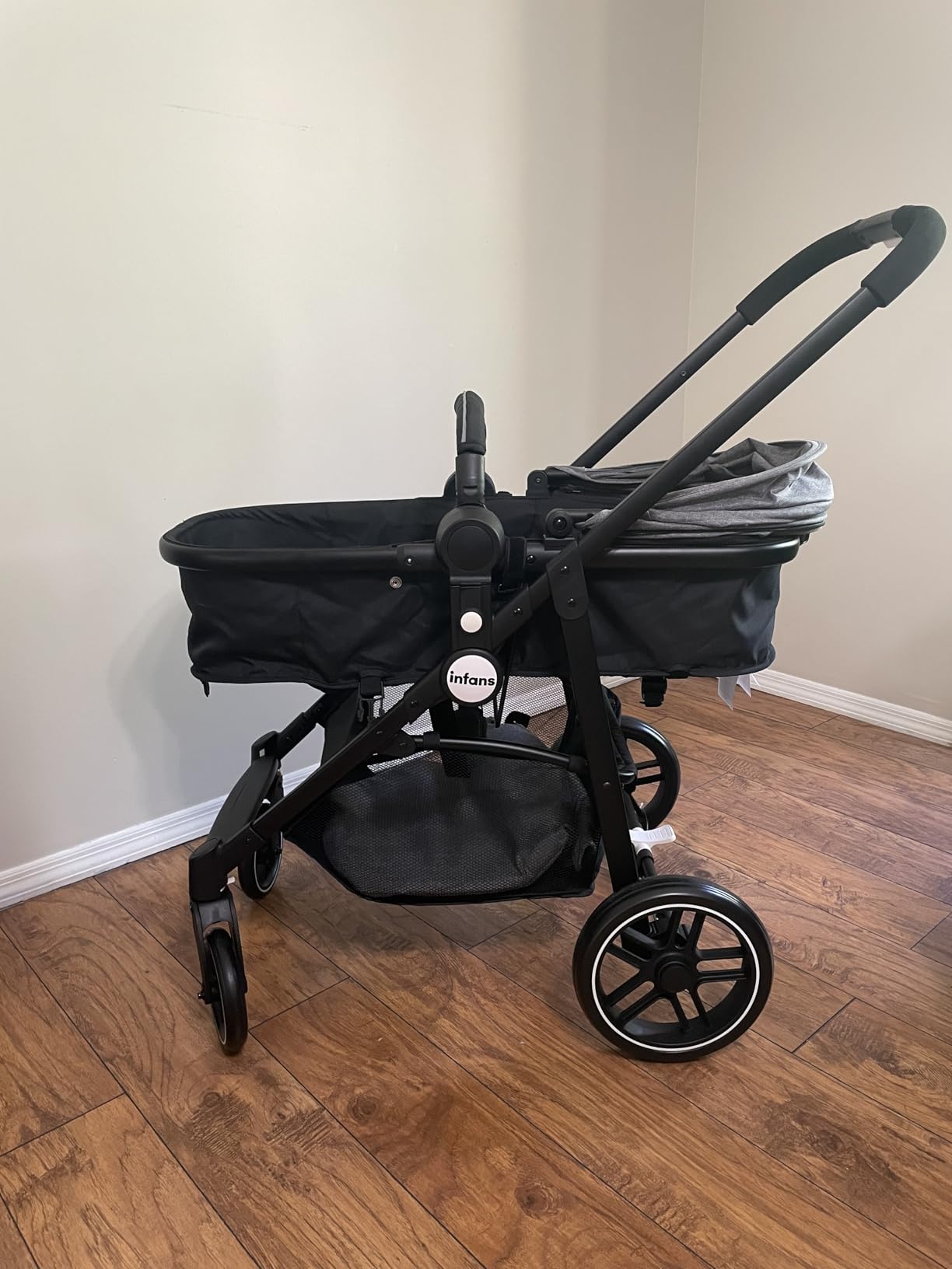 INFANS 2 in 1 Baby Stroller, High Landscape Infant Stroller & Reversible Bassinet Pram, Foldable Pushchair with Adjustable Canopy, Storage Basket, Cup Holder, Suspension Wheels (Black) customer photo 2