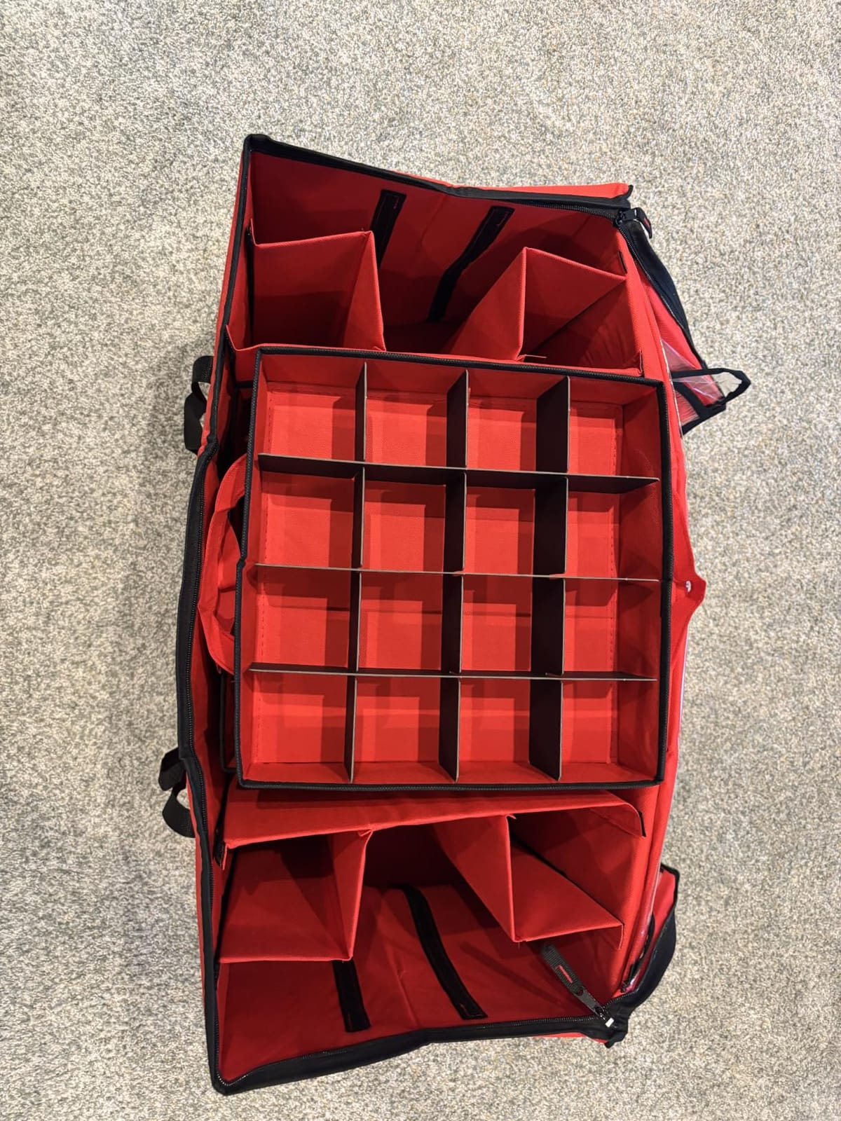ZOBER All in One Christmas Ornament Storage Box & Decoration Container - Easy Access Removable Trays, Keeps 73 Ornaments - Adjustable Extent Area for Figurines and Pockets for Decoration - Red customer photo 2