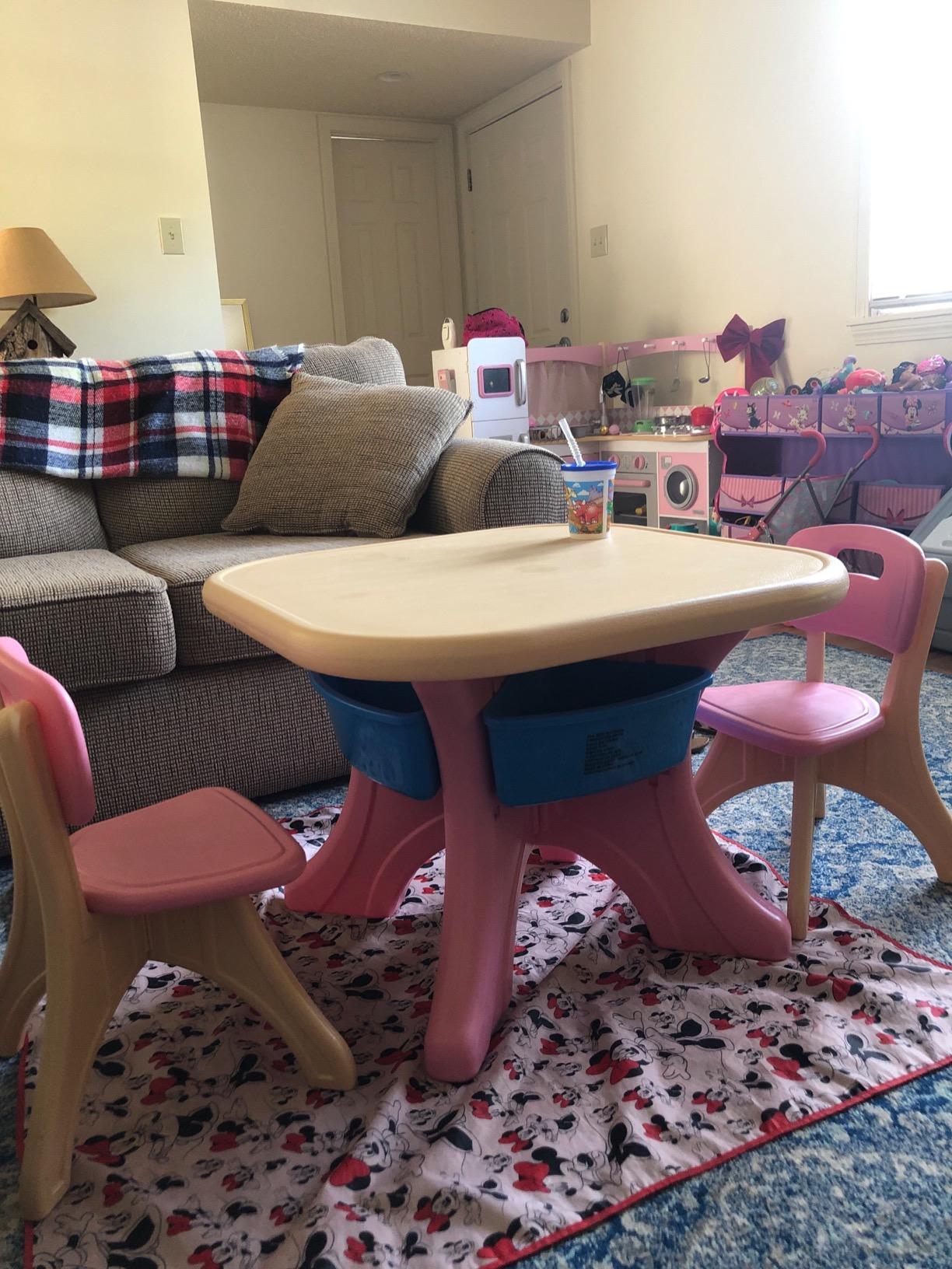 Costzon Kids Table and Chairs, 3 PCS Activity Desk Set w/ 4 Detachable Storage Bins for Indoor Outdoor Play Art Crafts Picnic Patio, Lightweight Toddler Table and Chair Set (Coffee & Blue) customer photo 2