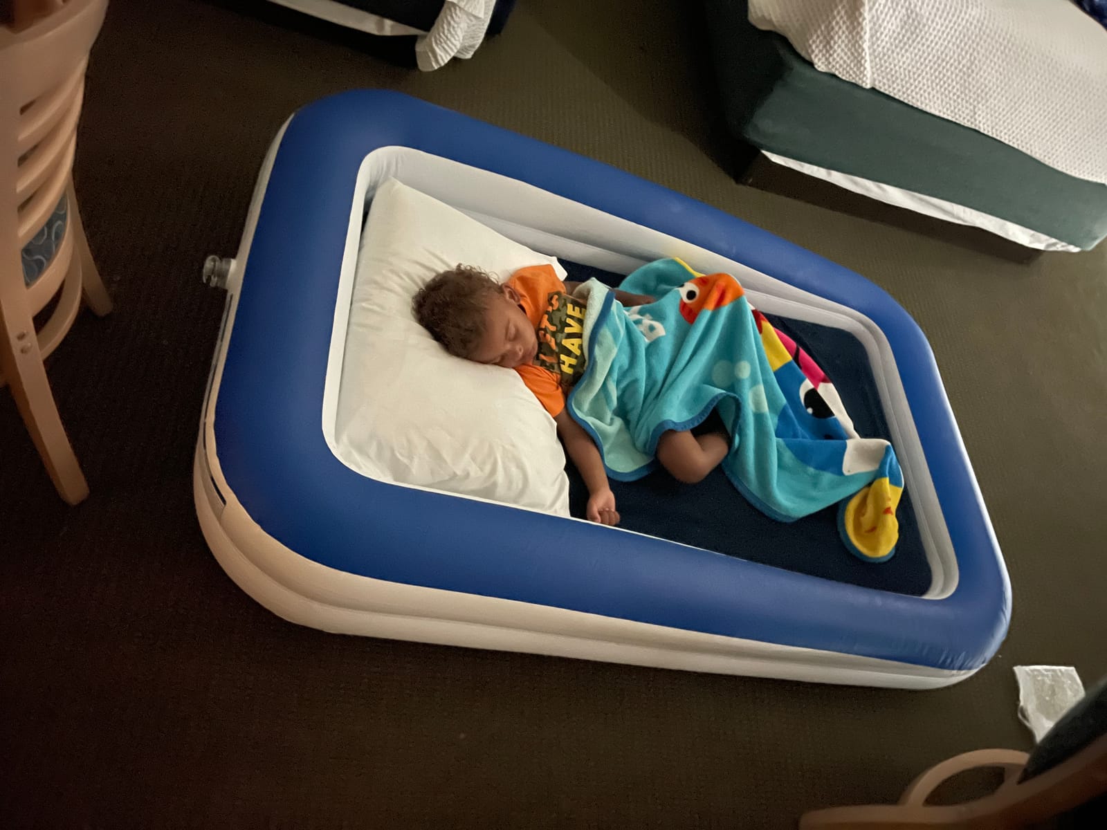 EnerPlex Kids Inflatable Travel Bed with High Speed Pump, Portable Blow up Toddler Air Mattress with Sides – Built-in Safety Bumper - Blue customer photo 2