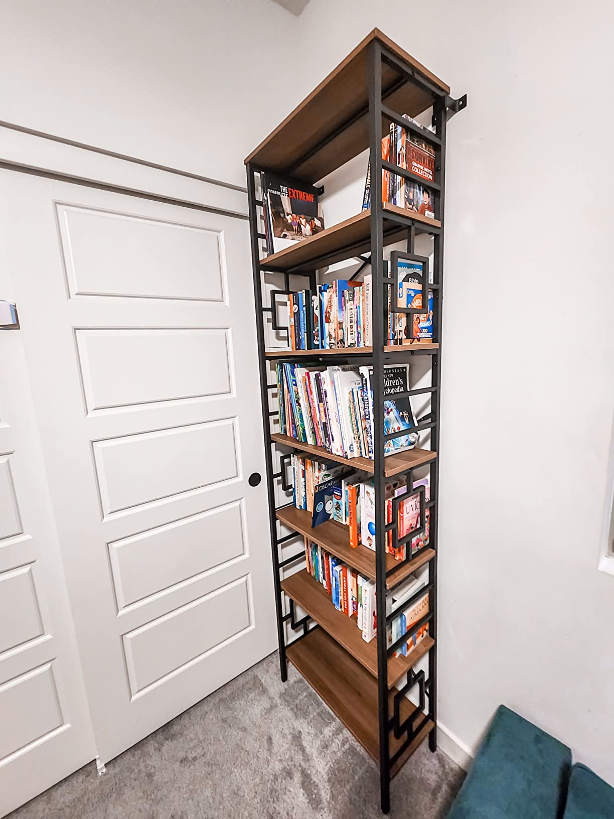 HOMISSUE Tall Bookshelf, 84 Inch Industrial Bookshelf with Metal Frame and Open Shelves, 7 Tier Metal Bookshelves and Bookcases, Rustic Tall Book Shelf for Office, Living Room and Bedroom, Brown customer photo 2