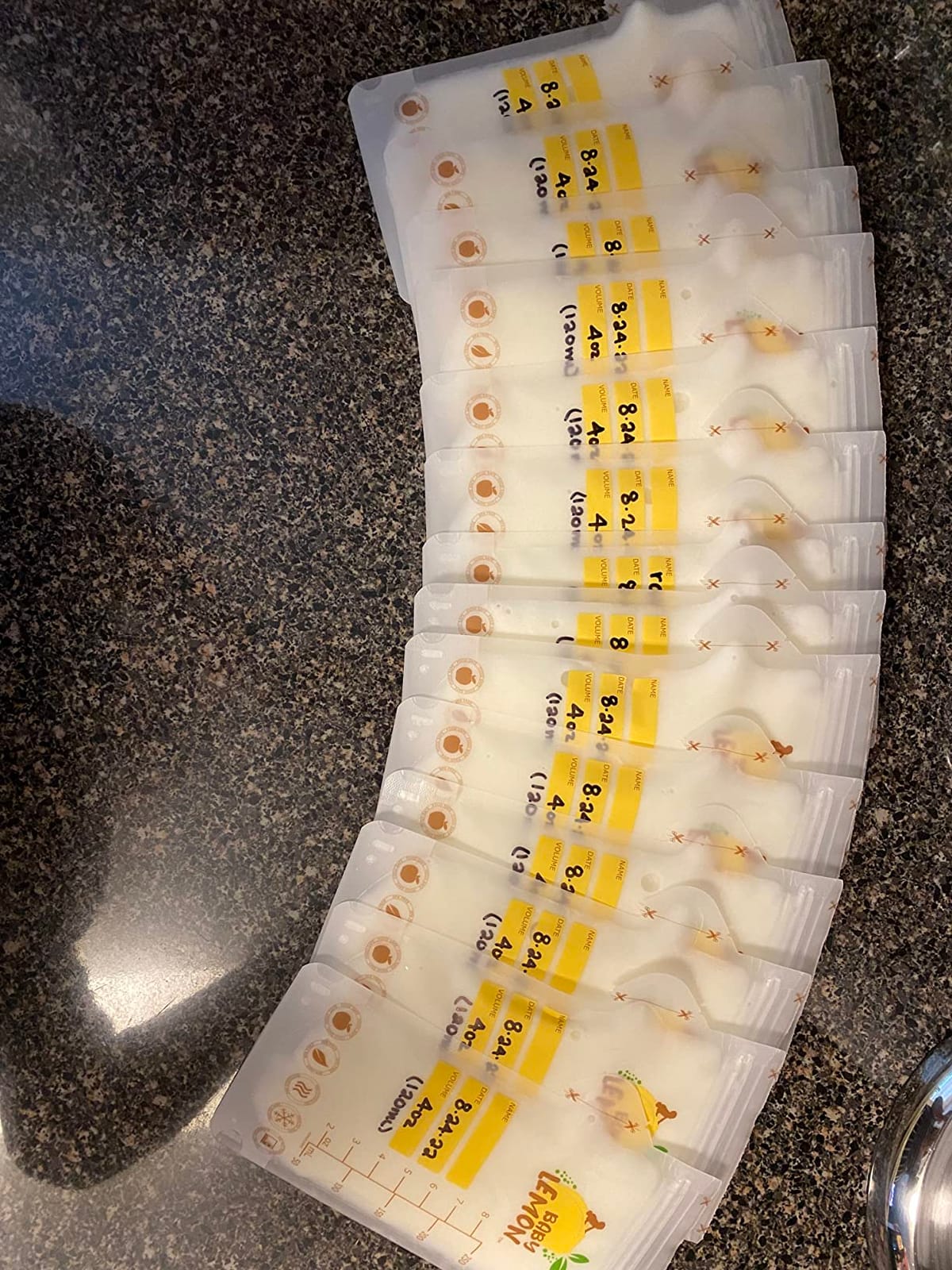 Baby Lemon Breast Milk Storage Bags with Spout - 8 oz, 100 Bags, Extra Thick, Leak Proof, Pre-sterilized, Ready to Use, BPA Free, Easy Write Material customer photo 1