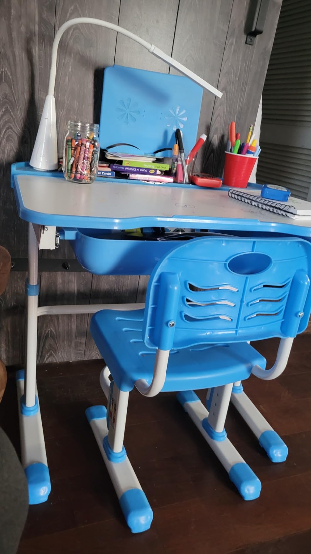 SMAGREHO Kids' Desk and Chair Set, Height Adjustable Child's School Study Writing Tables with Tilt Desktop, LED Light, Storage Drawer, Book Stand(Grey) customer photo 1