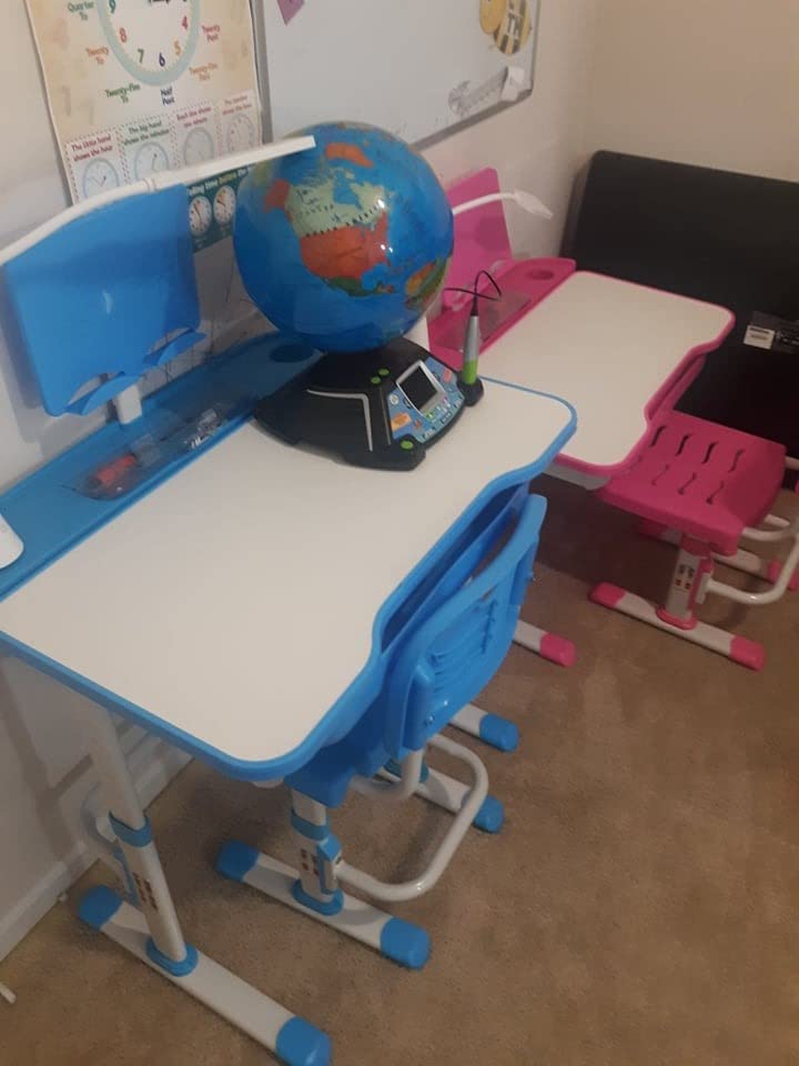 SMAGREHO Kids' Desk and Chair Set, Height Adjustable Child's School Study Writing Tables with Tilt Desktop, LED Light, Storage Drawer, Book Stand(Grey) customer photo 2