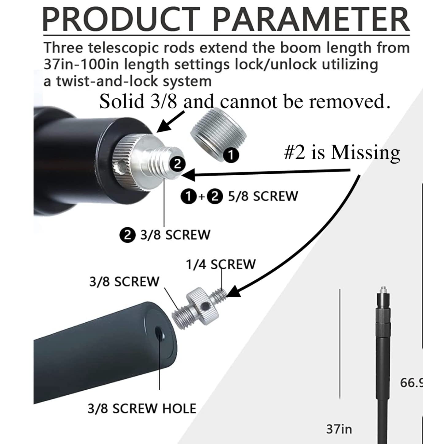 Handheld Boom Pole for Shotgun Mic, 3-Section Extendable Microphone Arm | Filming with 3/8