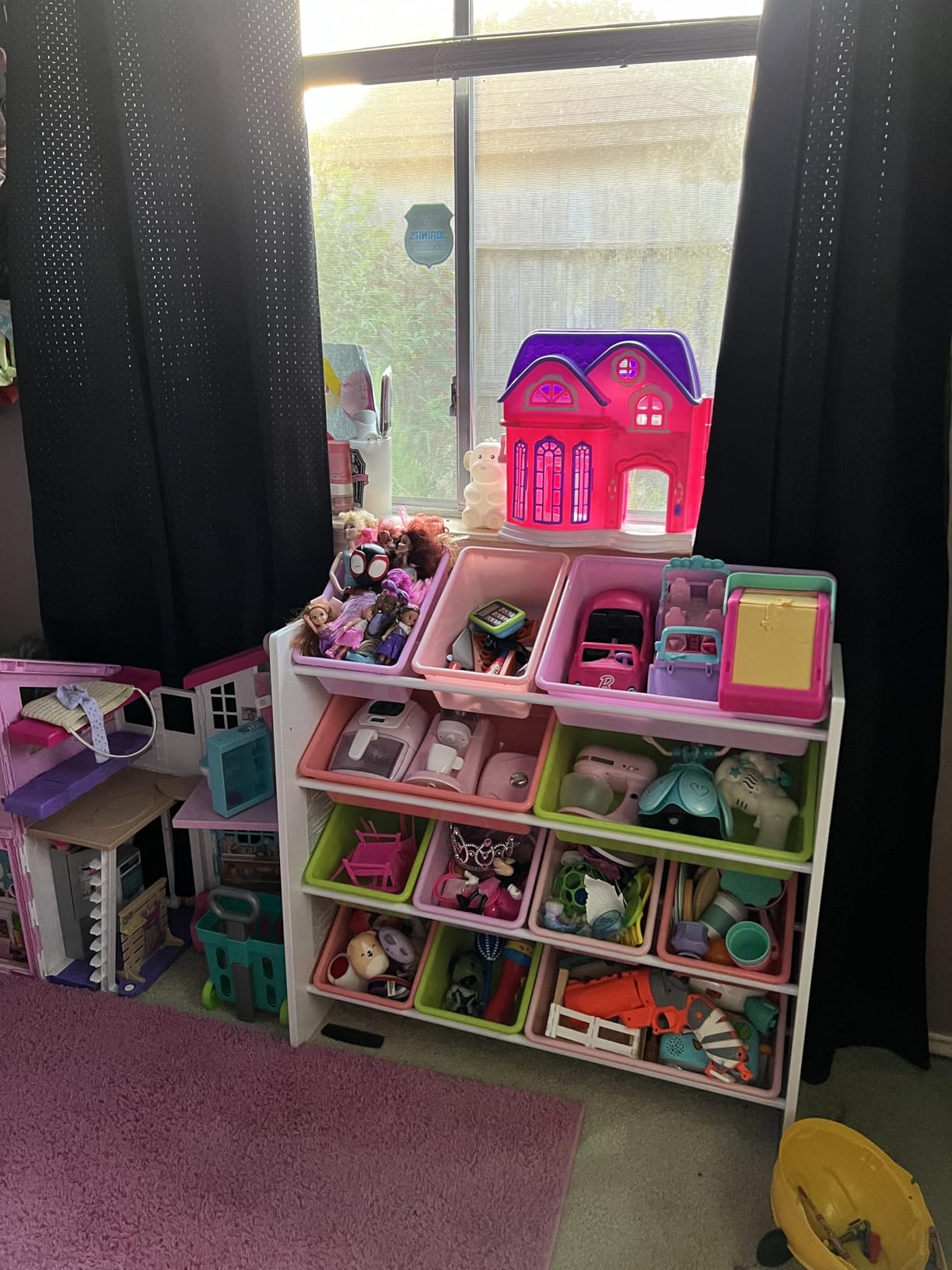 Amazon Basics Kids Toy Storage Organizer with 12 Plastic Bins, White Wood with Pink Bins, for Bedroom and Playroom, 33.85