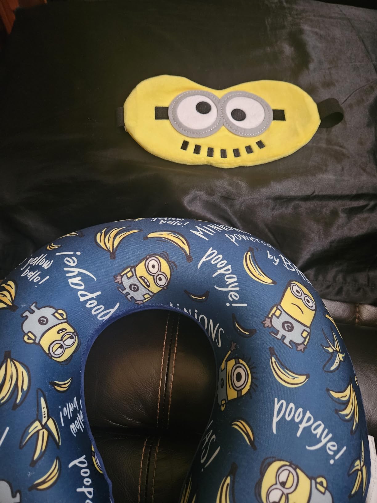 MINISO Minions Travel Neck Pillow with Eye Mask, Cute Cartoon 100% Memory Foam Neck Support Pillow, Lightweight Travelling Pillow Set for Airplane, Car and Home Use customer photo 1