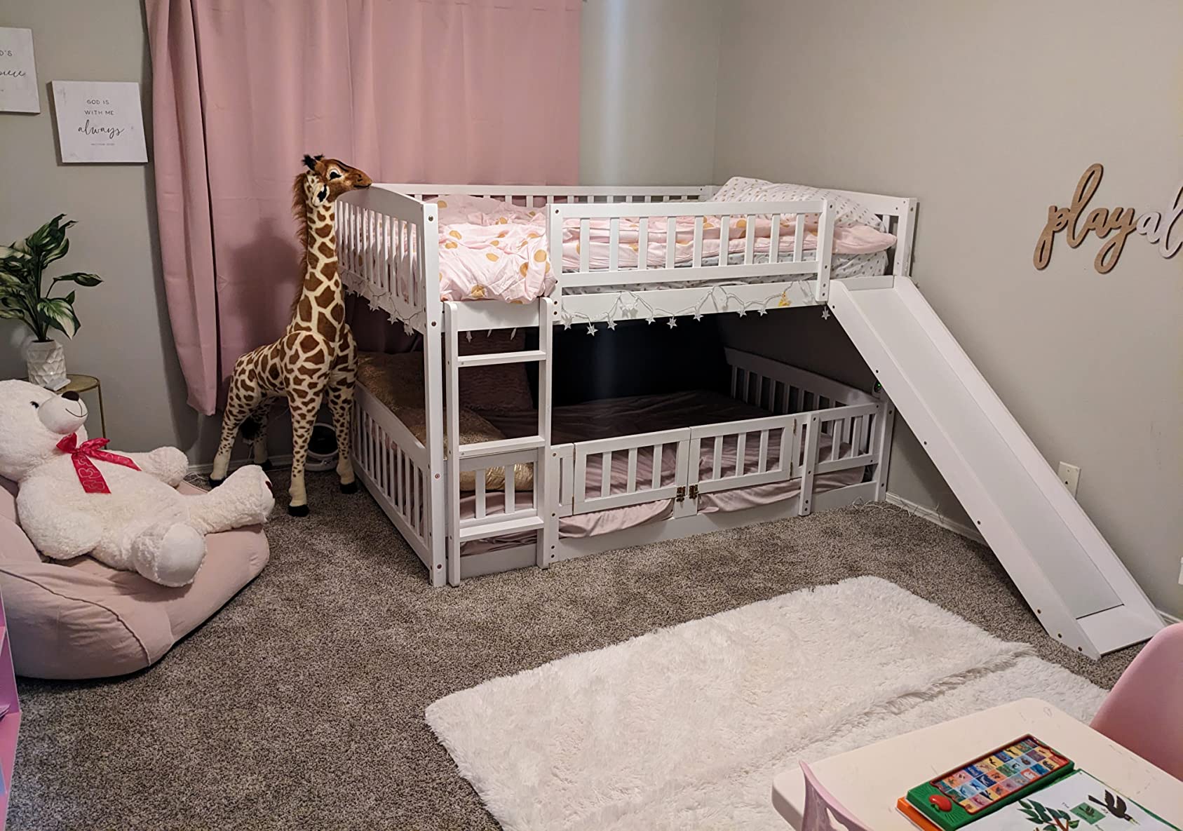Bellemave Twin Over Twin Low Bunk Bed with Slide and Fence Railings Wood Floor Bunk Beds with Ladder for Kids Boys Girls Teens, Grey customer photo 2
