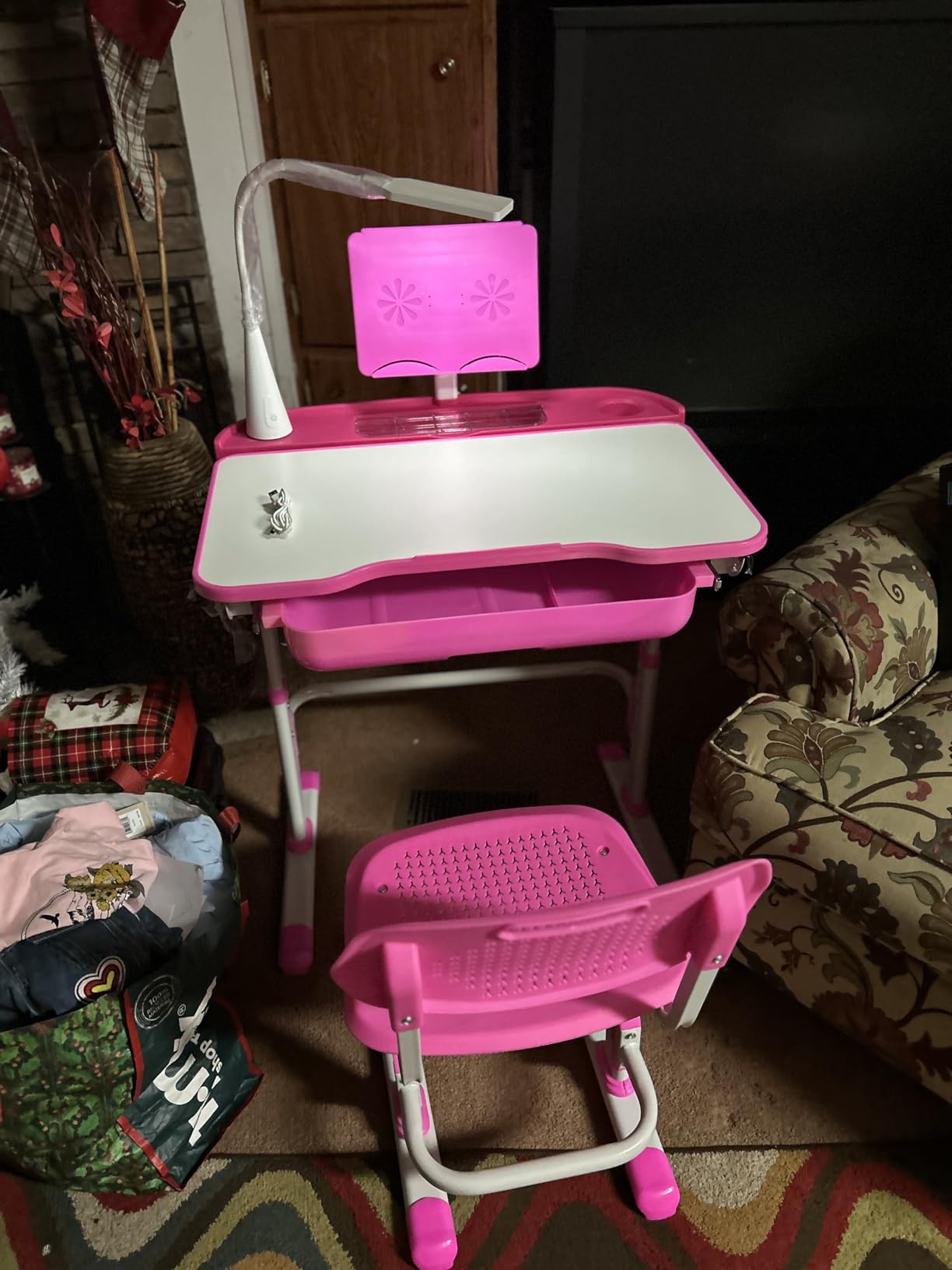 LVYUAN Kids Desk and Chair Set, Height-Adjustable, Included LED lamp, Gray | For ages 3-15, desktop tilts from 0 to 60 degrees, pull-out drawer, included LED lamp with 3 brightness levels customer photo 1