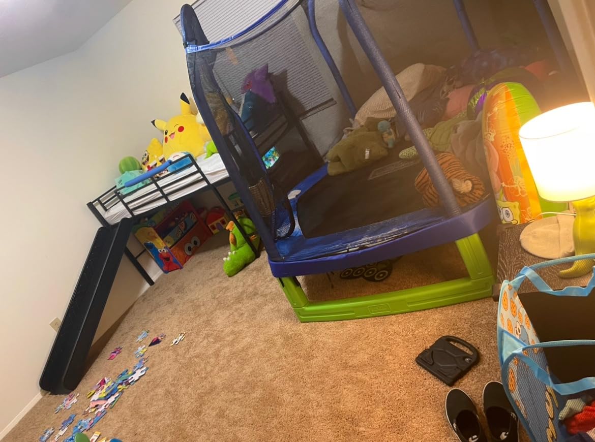 GIANTEX Twin Loft Bed with Slide, Metal Low Bunk Bed w/Safety Guardrails & Built-in Ladder, Toddler Bed Floor Frame for Boys & Girls, No Box Spring Needed (Black) customer photo 2