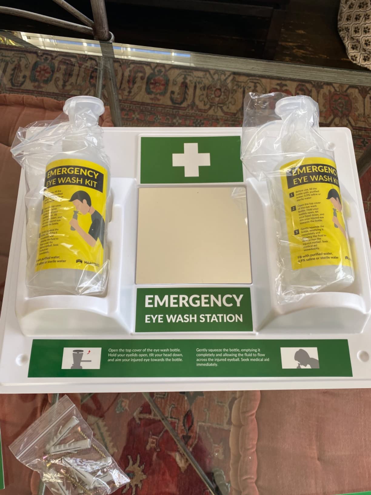 MAASTERS BPA Free Wall-Mounted Eye Wash Station with Sign - Set of 1 | OSHA, 2 empty bottles, mirror, emergency kit customer photo 1