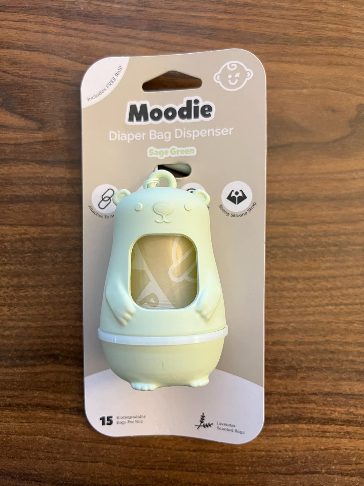 Teddy Bear Diaper Bag Dispenser | Diaper Trash Bags on the Go Dispenser w/Silicon Strap | 15 UNSCENTED Baby Poop Bags per Roll | Dirty Diaper Bags Disposable | Diaper Waste Bags (SAGE GREEN) customer photo 1