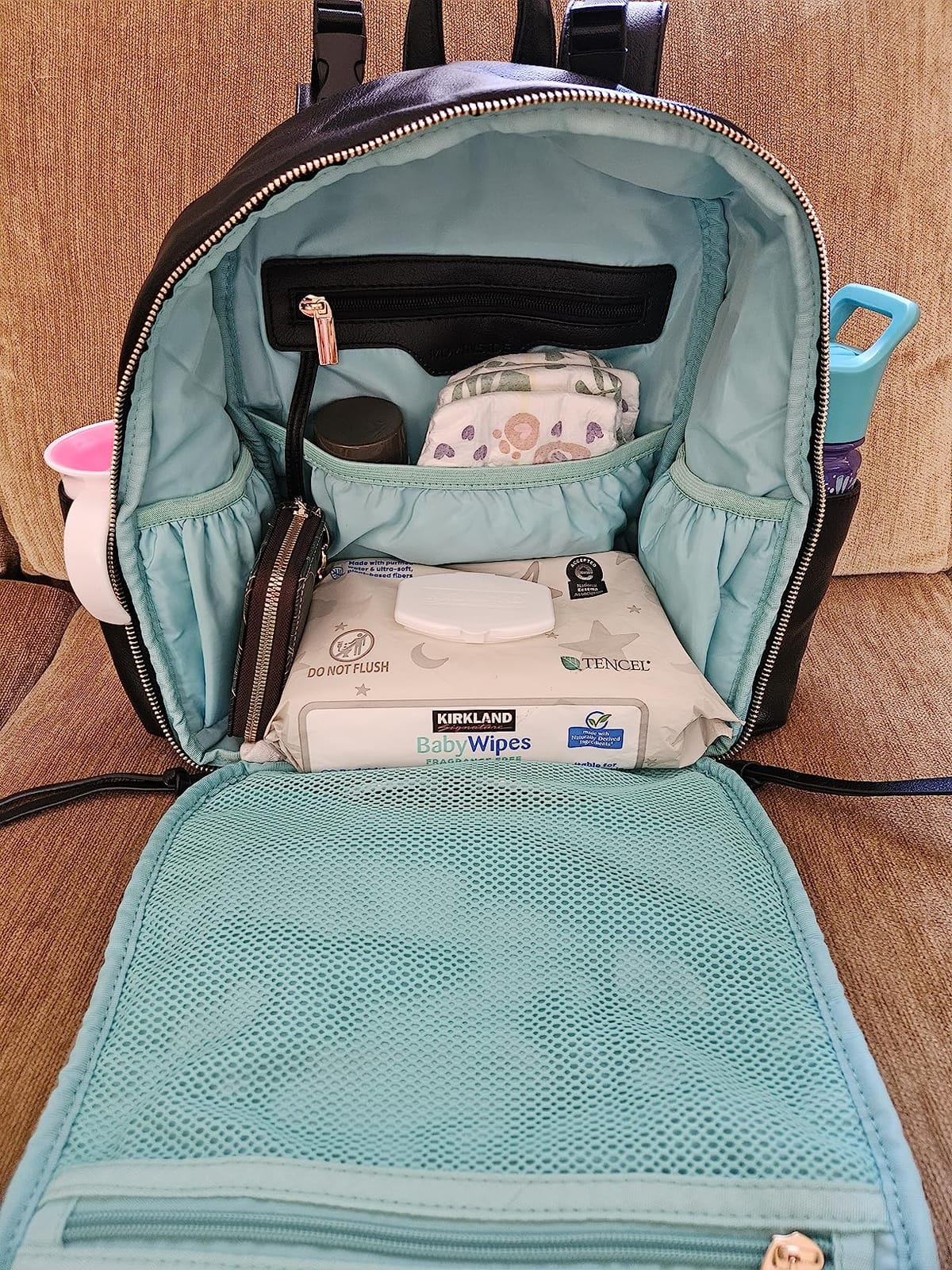 MOMINSIDE Small Diaper Bag Backpack, Mini Diaper Bag with 11 Pockets, Leather diaper backpack, Baby Diaper Bag for Baby Girls, 2 Insulated Pockets, Stroller Straps (Brown) customer photo 2