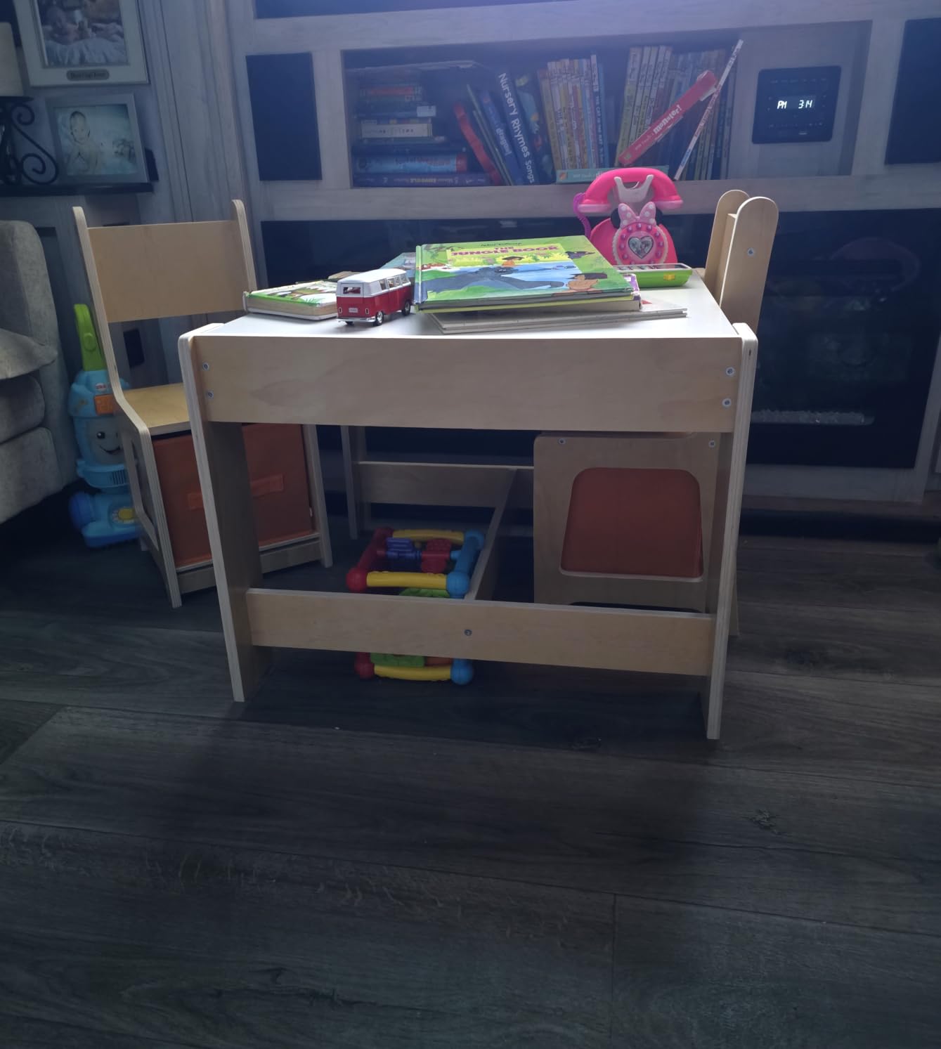 GTOLV Kids Table and Chair Set, 3 in 1 Wooden Activity Table with Storage Drawer for Toddlers Drawing, Reading, Crafts, 2 in 1 Detachable Tabletop Table Set for Nursery, Playroom (Natural) customer photo 2