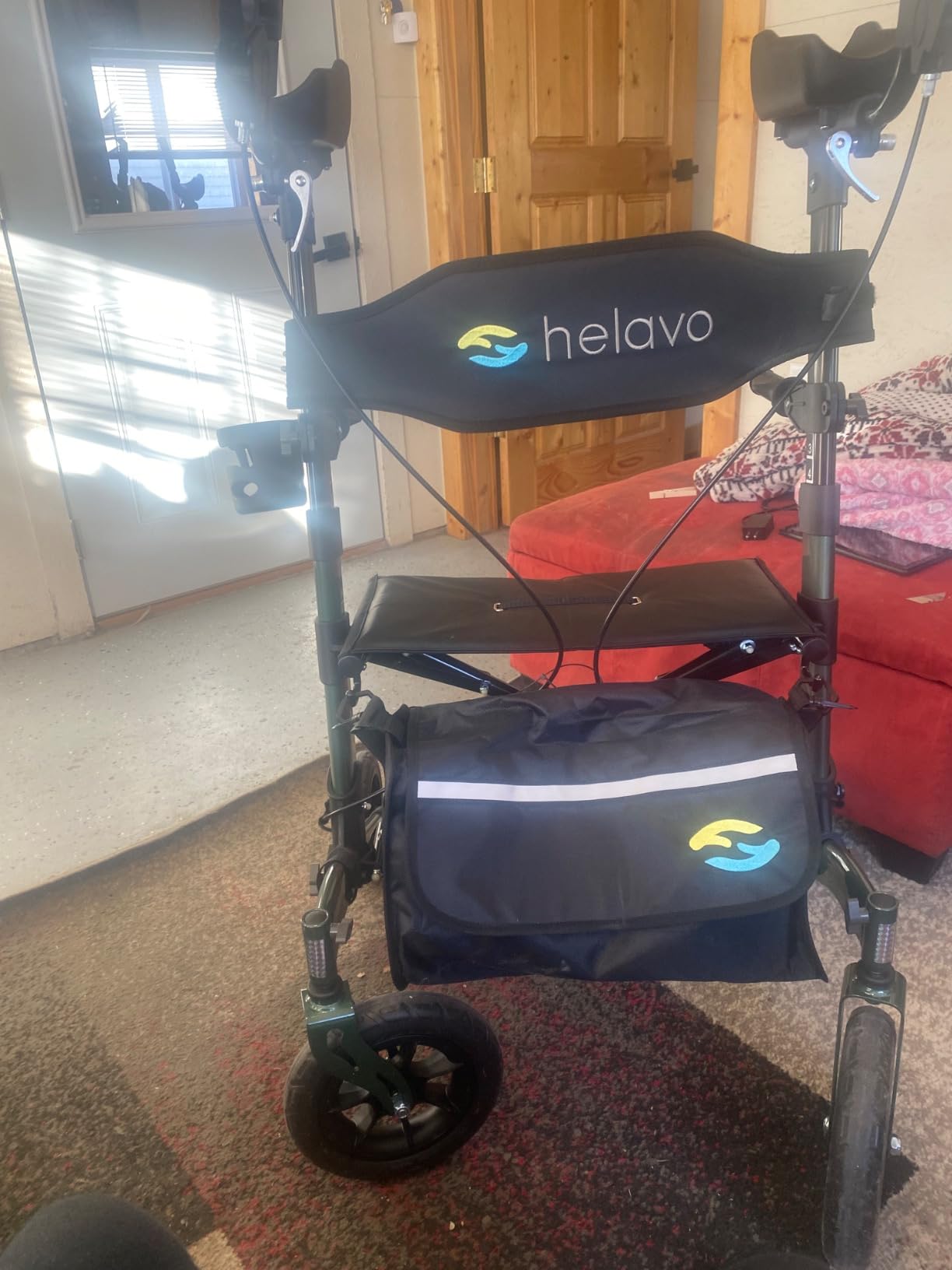 Helavo Upright Walker with Seat, Foldable Stand Up Walker with Rubber Tires | All Terrain Tall Standing Rollator, Padded Armrests, Height Adjustable, Aluminium Frame, 22.7 lbs, 300 lbs Capacity customer photo 1