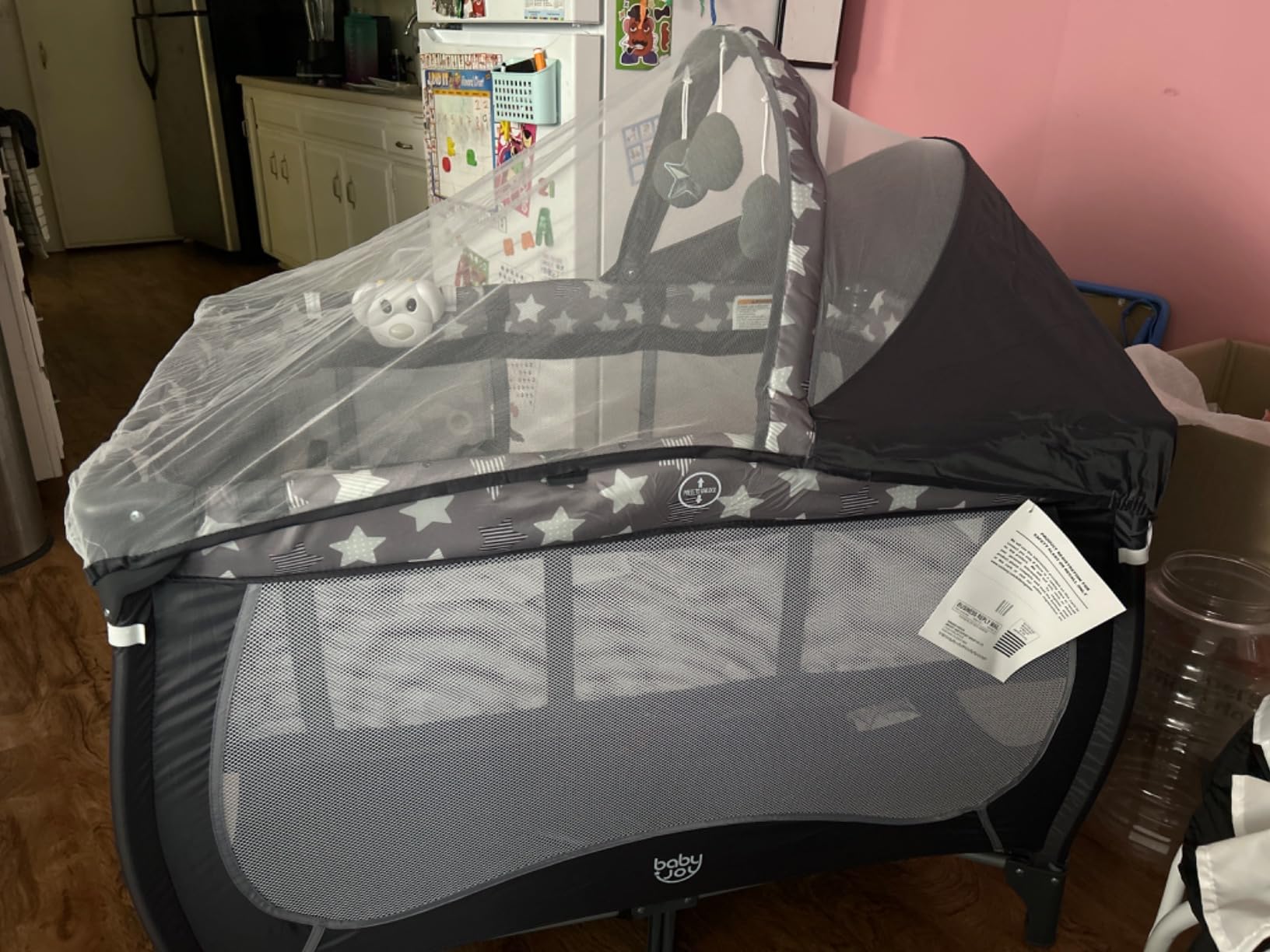 BABY JOY 4 in 1 Pack and Play, Portable Baby Playard with Bassinet, Adjustable Canopy, Changing Table, Lockable Wheels, Glowing Music Box, Travel Baby Crib Bassinet Bed from Newborn to Toddler customer photo 2