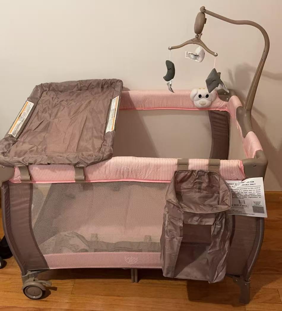 Costzon 3 in 1 Pink Pack and Play with Bassinet, Portable Baby Playard with Changing Table, Music Box, Hangings, Wheels/Brake, Basket, Foldable Infant Pink Bassinet Crib for Baby Girl Toddlers customer photo 1