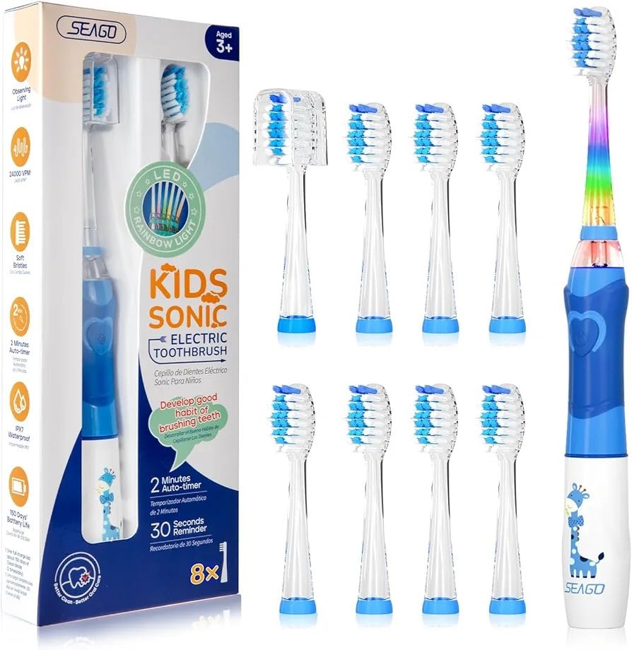 SEAGO Kids Electric Toothbrush with 2 Mins Brushing Timer and 8 Replacement Brush Heads,Rainbow LED Light Makes Brushing Fun, Battery Powered Toothbrush for Boys & Girls Ages 3-6-8 Years Old,Blue customer photo 2