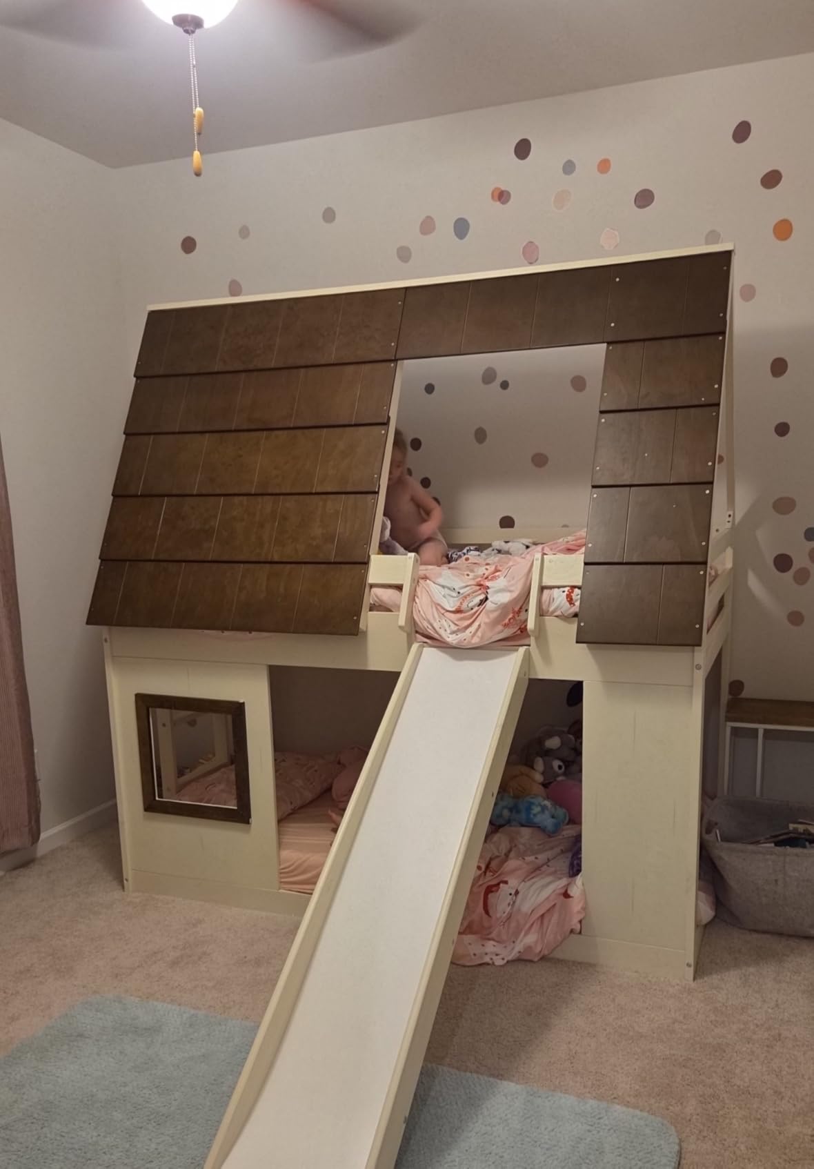 Merax Twin Over Twin House Bunk Bed Frame with Roof,Window,Ladder and Slide for Boys Girls, White & Brown customer photo 2
