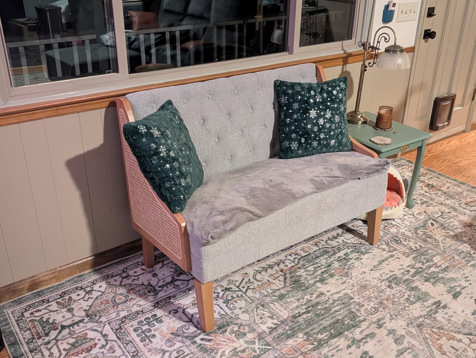 Upholstered Settee Bench Small Loveseat Sofa Rattan Dining Bench with Back Banquette Seating for Kitchen Dining Room Living Room Button Tufted Mini Couch Grey customer photo 1