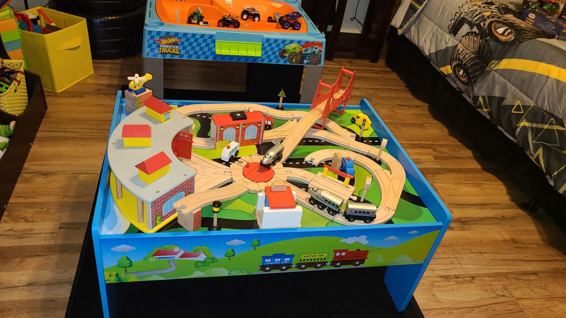 HONEY JOY Train Table, Wooden Kids Activity Table w/ 80 Multicolor Pieces, Tracks, Trains, Cars, Toddler Toy Train Table Set w/Reversible Tabletop, Gift for Boys Girls Ages 18 Months+ (Blue) customer photo 1