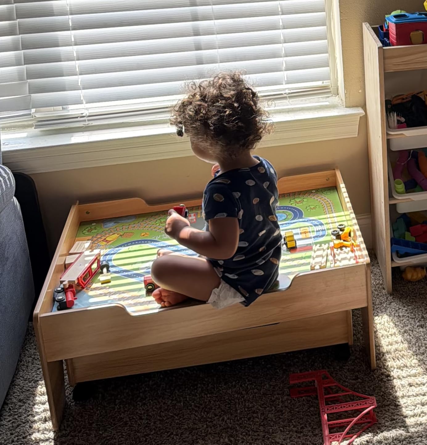 HONEY JOY Train Table, Wooden Kids Activity Table w/ 80 Multicolor Pieces, Tracks, Trains, Cars, Toddler Toy Train Table Set w/Reversible Tabletop, Gift for Boys Girls Ages 18 Months+ (Blue) customer photo 2