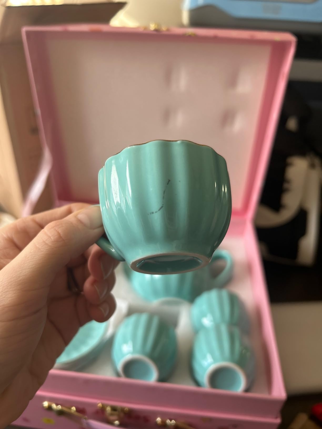 Sweejar Porcelain Tea Set for Little Girls,Kitchen Toys Tea Party Set for Kids Toddler Kitchen Pretend Toy Include Children Teapot, Cup & Saucer Set of 4, Sugar Bowl and Cream Pitcher(Sweet) customer photo 2