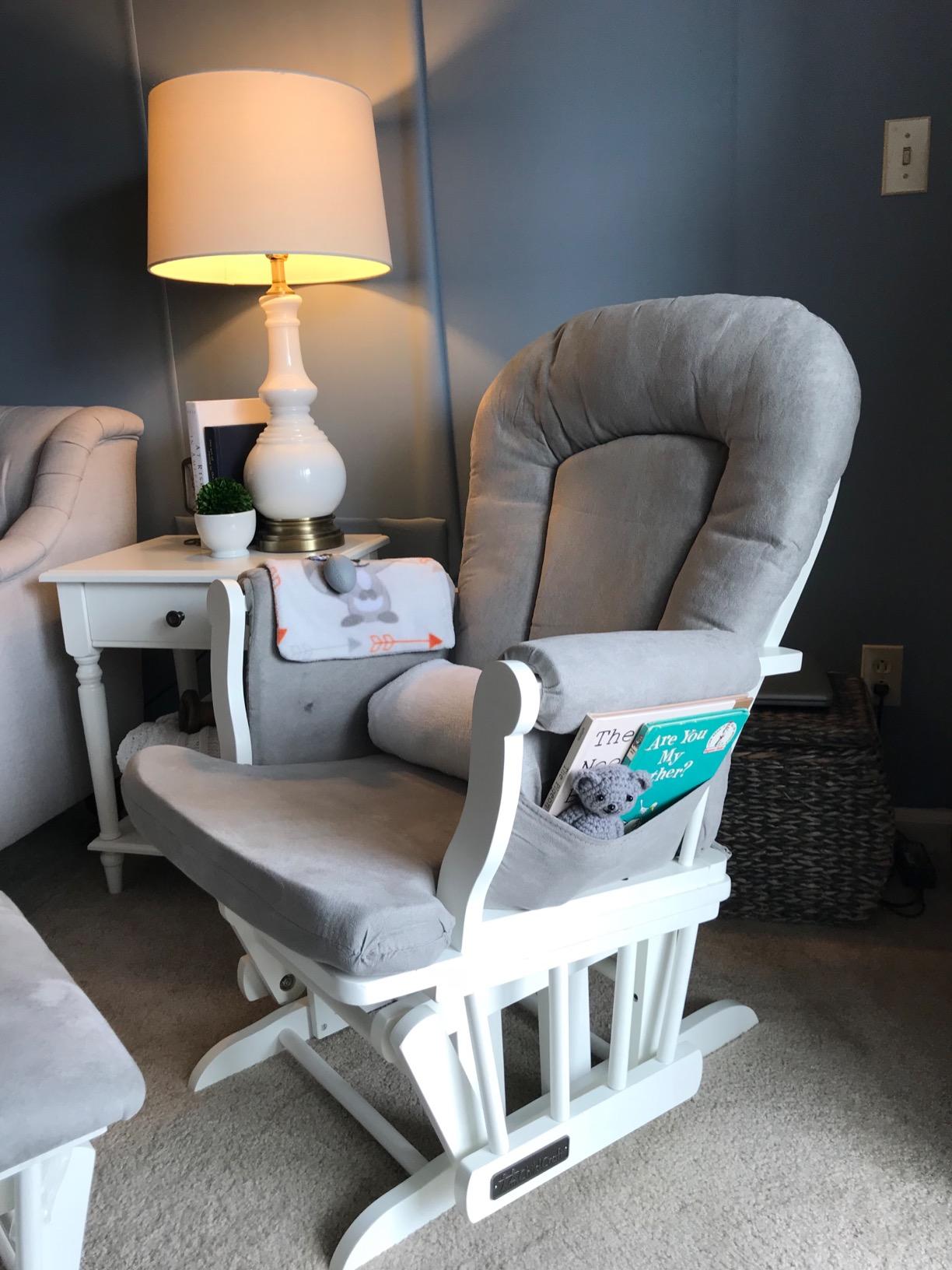 Child Craft Cozy Glider Rocker and Ottoman Set, Smooth Quiet Gliding Motion, Padded Cushion with Convenient Storage Pockets, Solid Wood Base & Frame (Matte White with Gray Cushion) customer photo 1