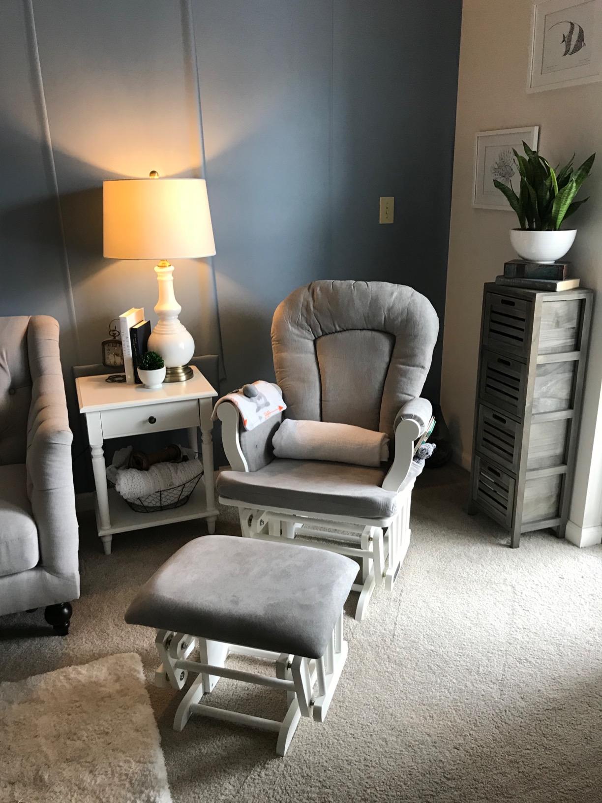 Child Craft Cozy Glider Rocker and Ottoman Set, Smooth Quiet Gliding Motion, Padded Cushion with Convenient Storage Pockets, Solid Wood Base & Frame (Matte White with Gray Cushion) customer photo 2