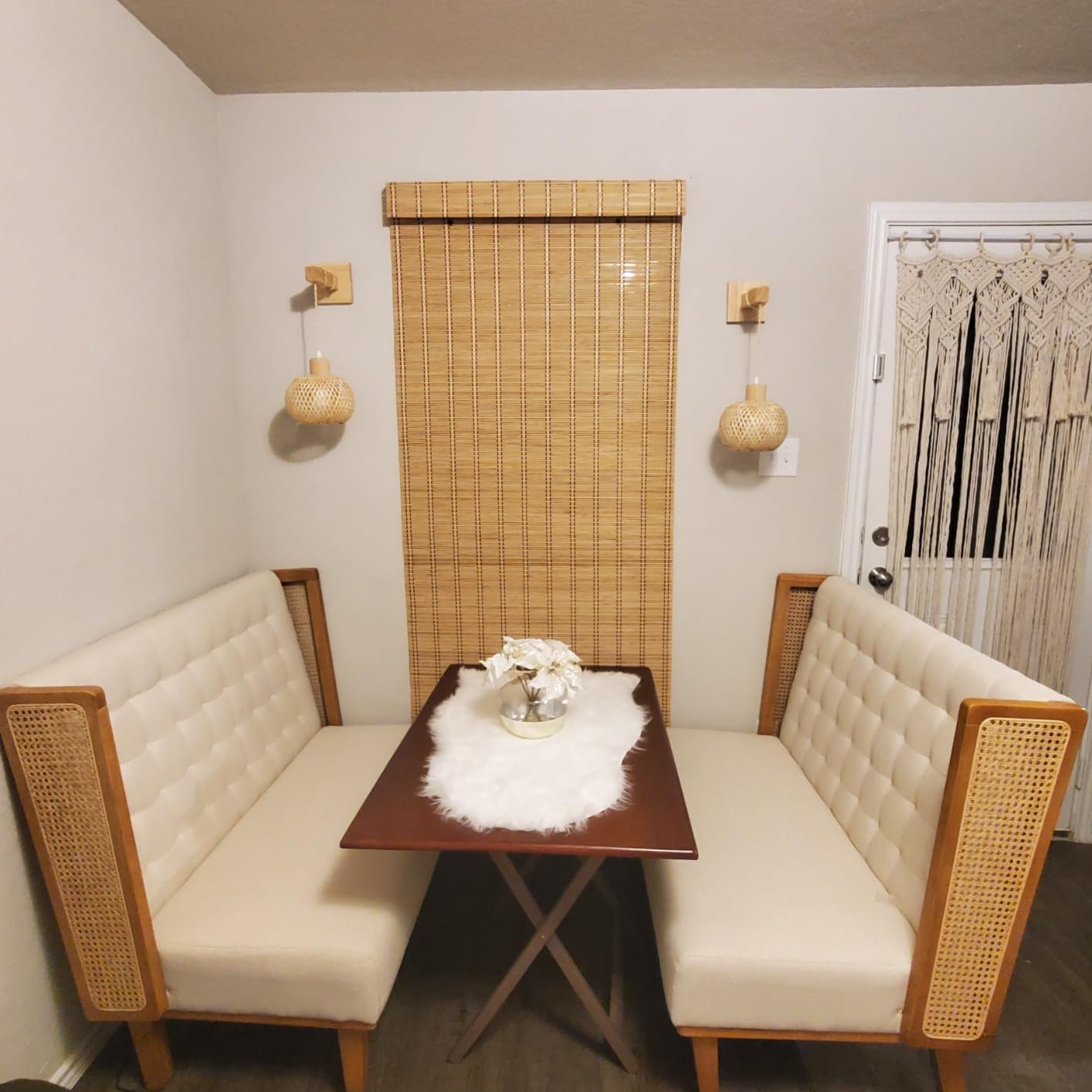 Andeworld Loveseat Settee Bench with Rattan Arms, Upholstered Modern Mini High-Back Sofa Couch, Banquette Dining Bench for Living Dining Room Bedroom Office Small Space Entryway, Beige customer photo 1